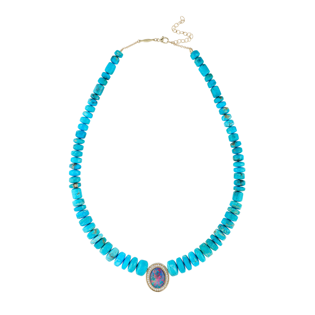 Pavé Opal Oval Center On Graduated Turquoise Beaded Necklace