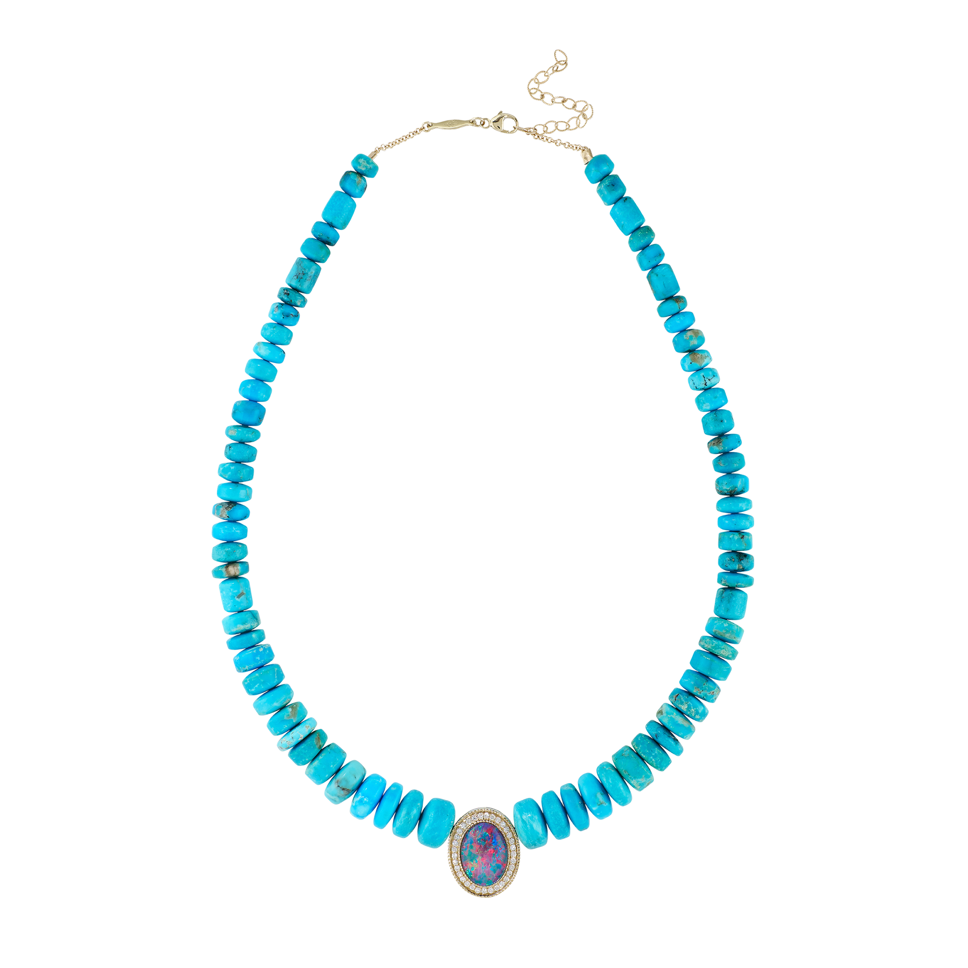 Pavé Opal Oval Center On Graduated Turquoise Beaded Necklace