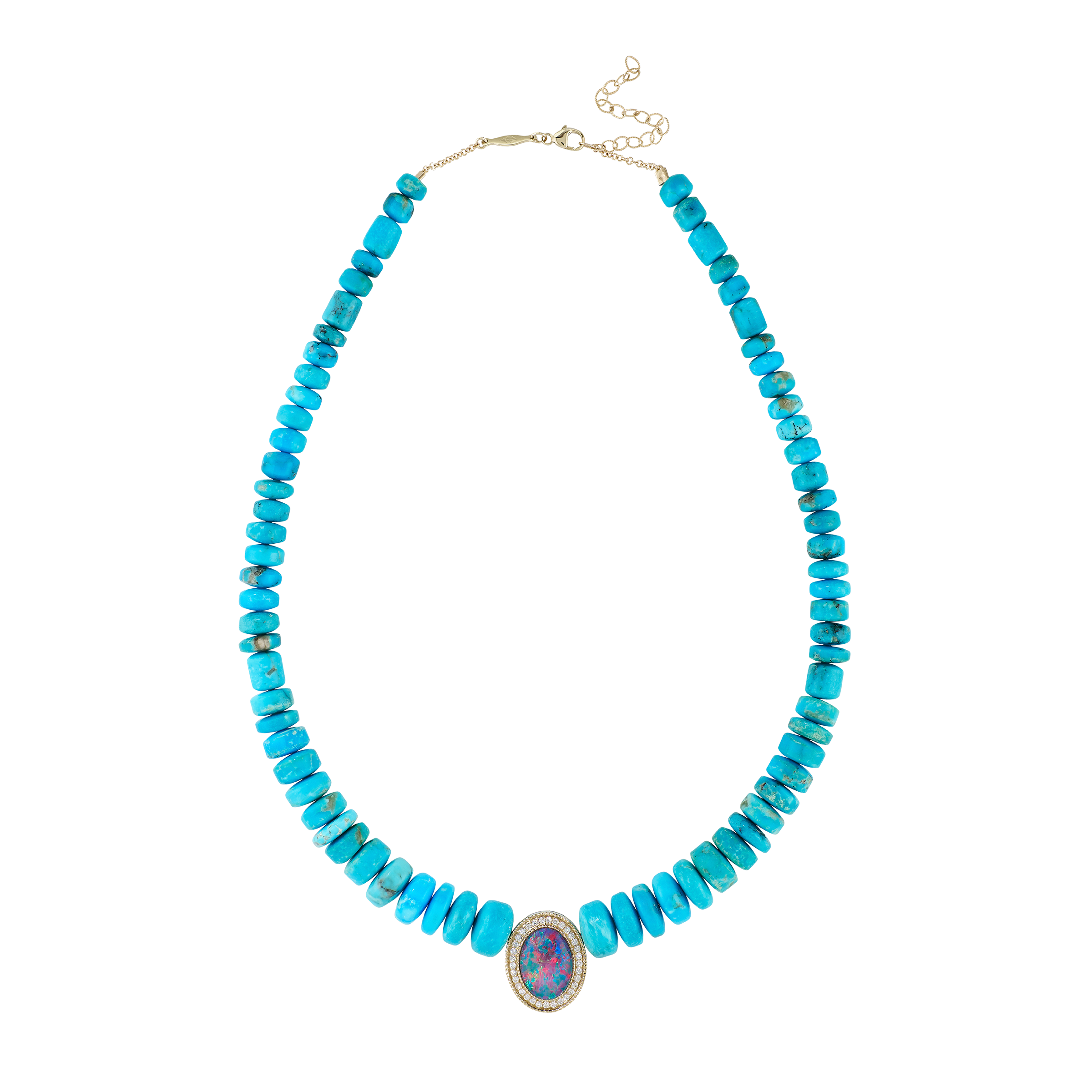 Pavé Opal Oval Center On Graduated Turquoise Beaded Necklace