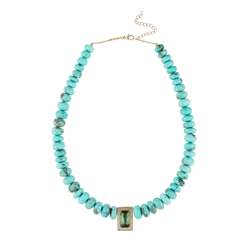 Pavé Green Tourmaline Rectangle Center On Graduated Turquoise Beaded Necklace