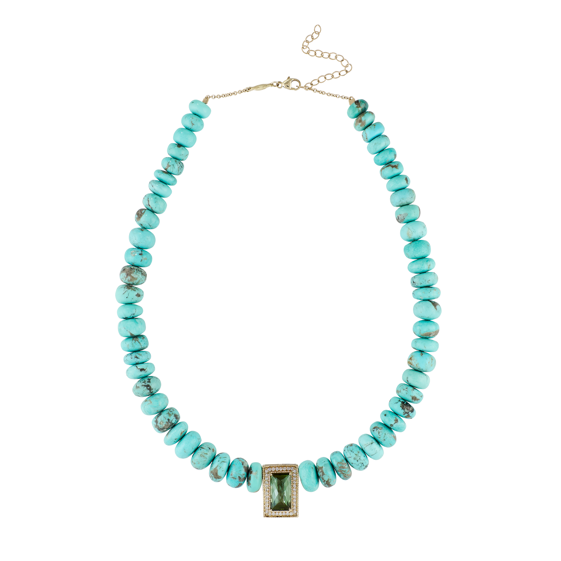 Pavé Green Tourmaline Rectangle Center On Graduated Turquoise Beaded Necklace