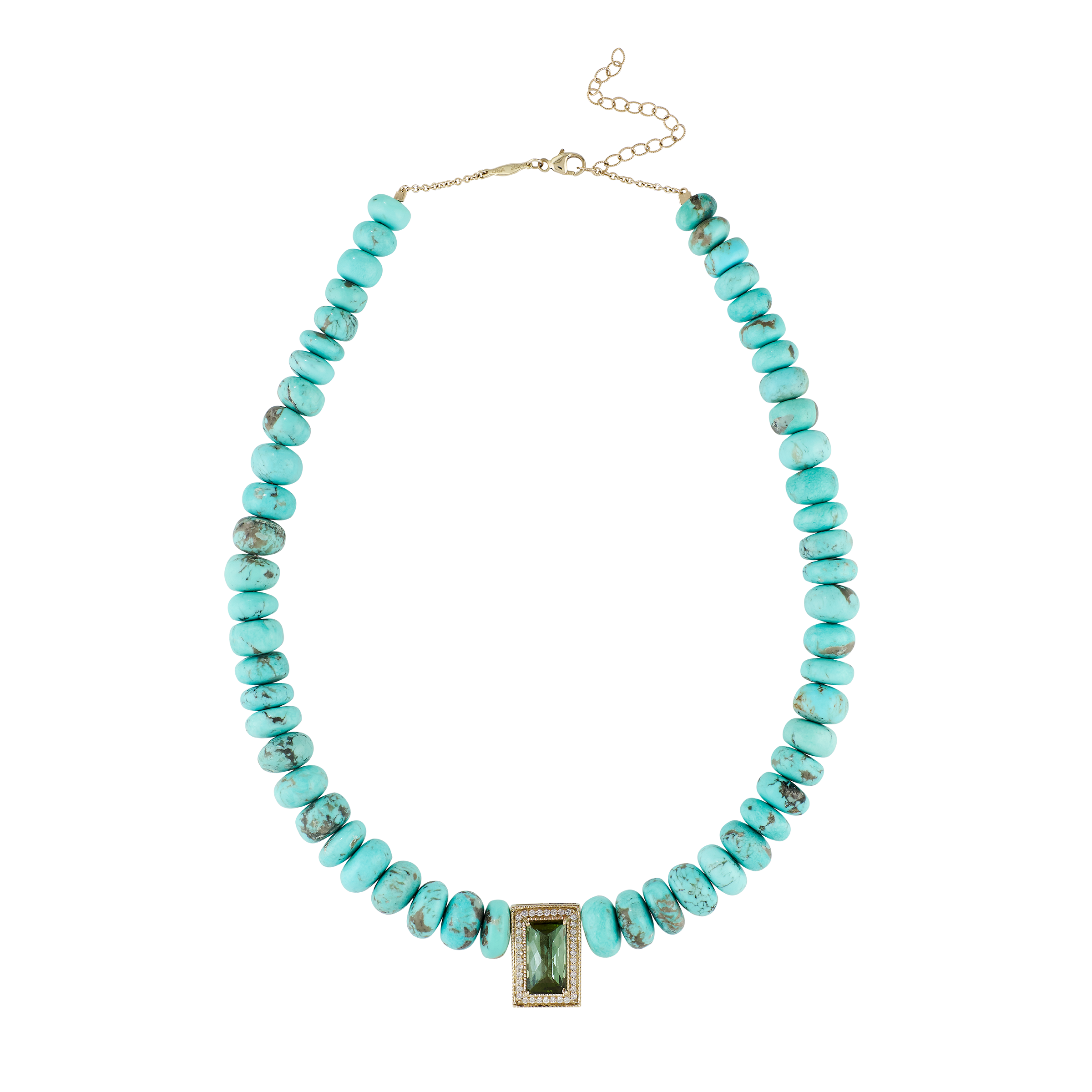 Pavé Green Tourmaline Rectangle Center On Graduated Turquoise Beaded Necklace