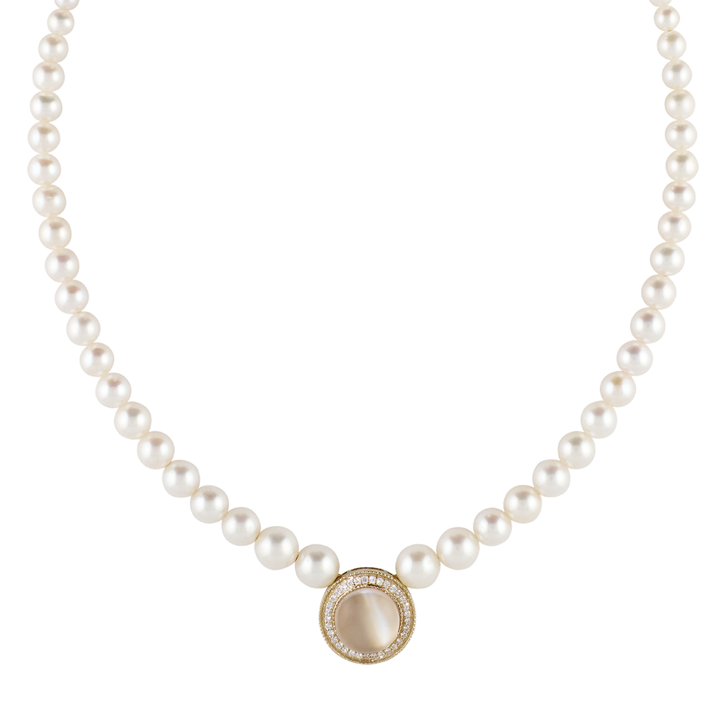 Pavé Grey Moonstone Round Center Graduated Pearl Beaded Necklace