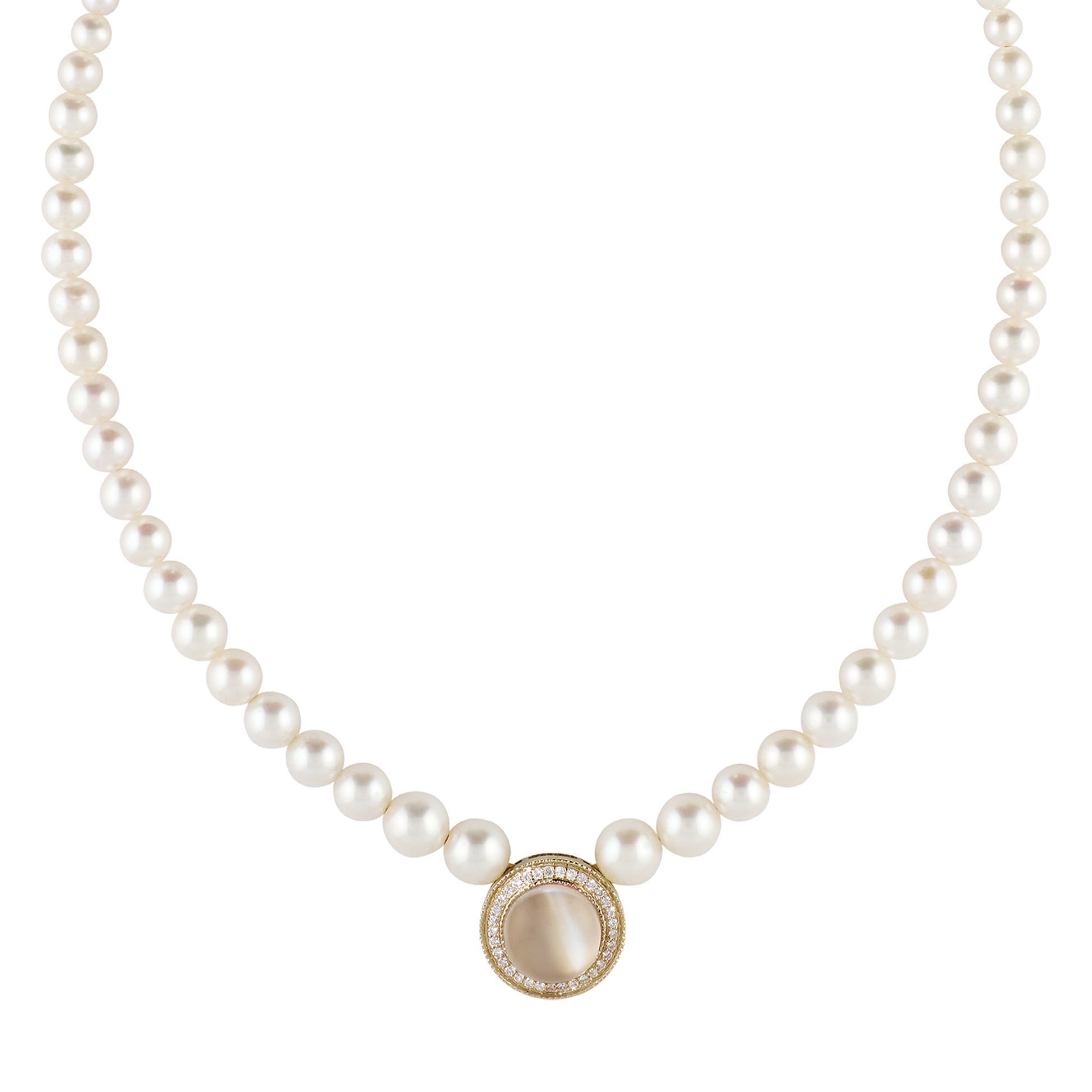 Pavé Grey Moonstone Round Center Graduated Pearl Beaded Necklace