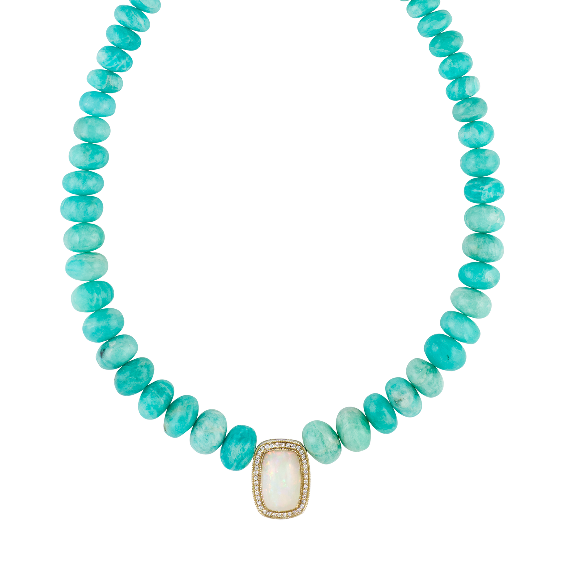 Pavé Opal Rectangle Center On Graduated Amazonite Beaded Necklace