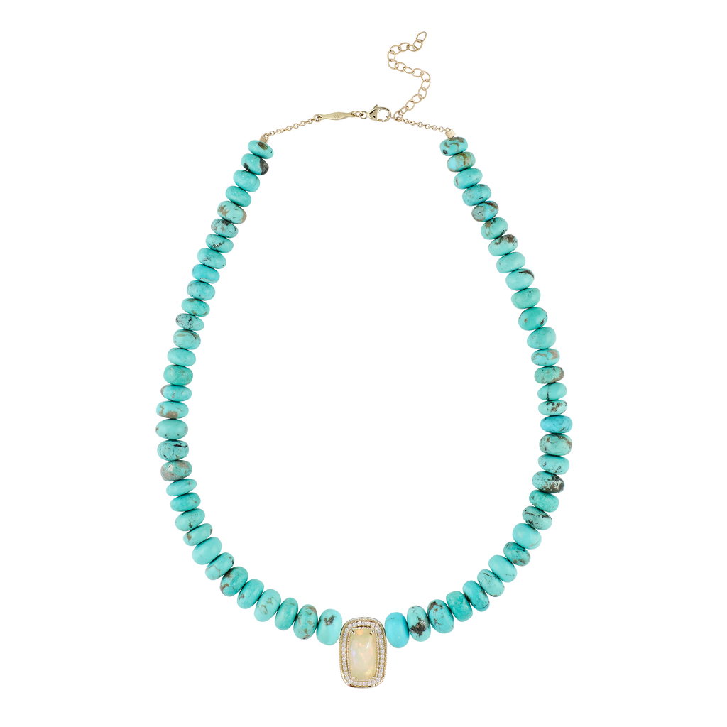 Pavé Opal Rectangle Center On Graduated Turquoise Beaded Necklace