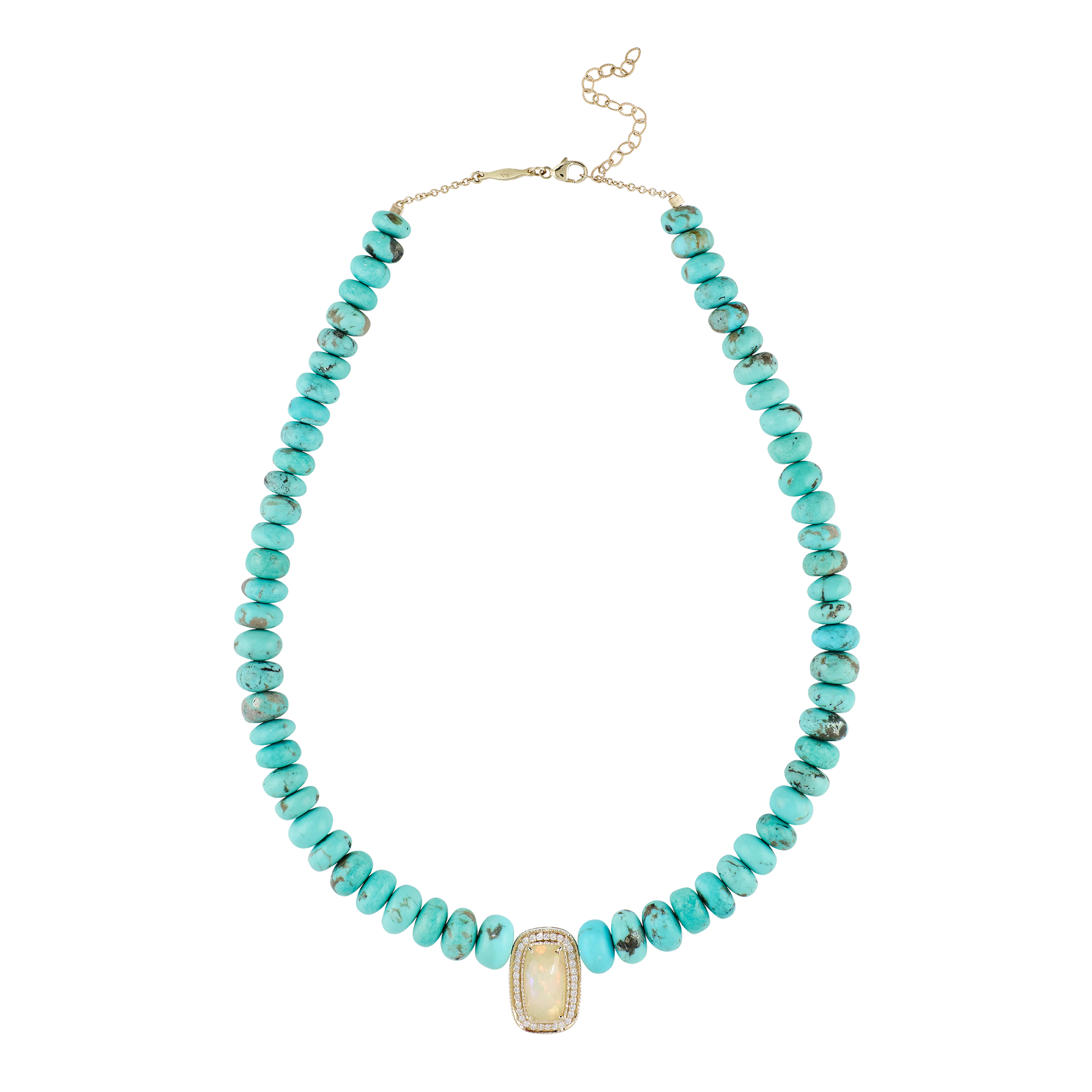 Pavé Opal Rectangle Center On Graduated Turquoise Beaded Necklace