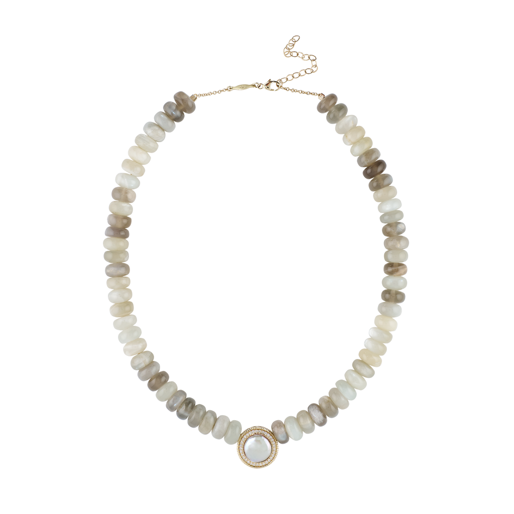 Pavé Pearl Round Center Grey Moonstone Beaded Necklace
