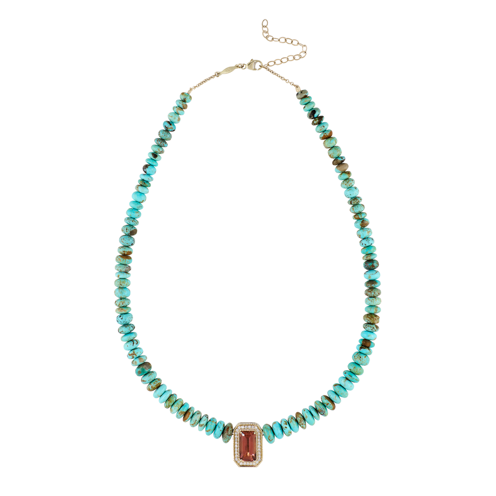 Pavé Pink Tourmaline Baguette Graduated Turquoise Beaded Necklace
