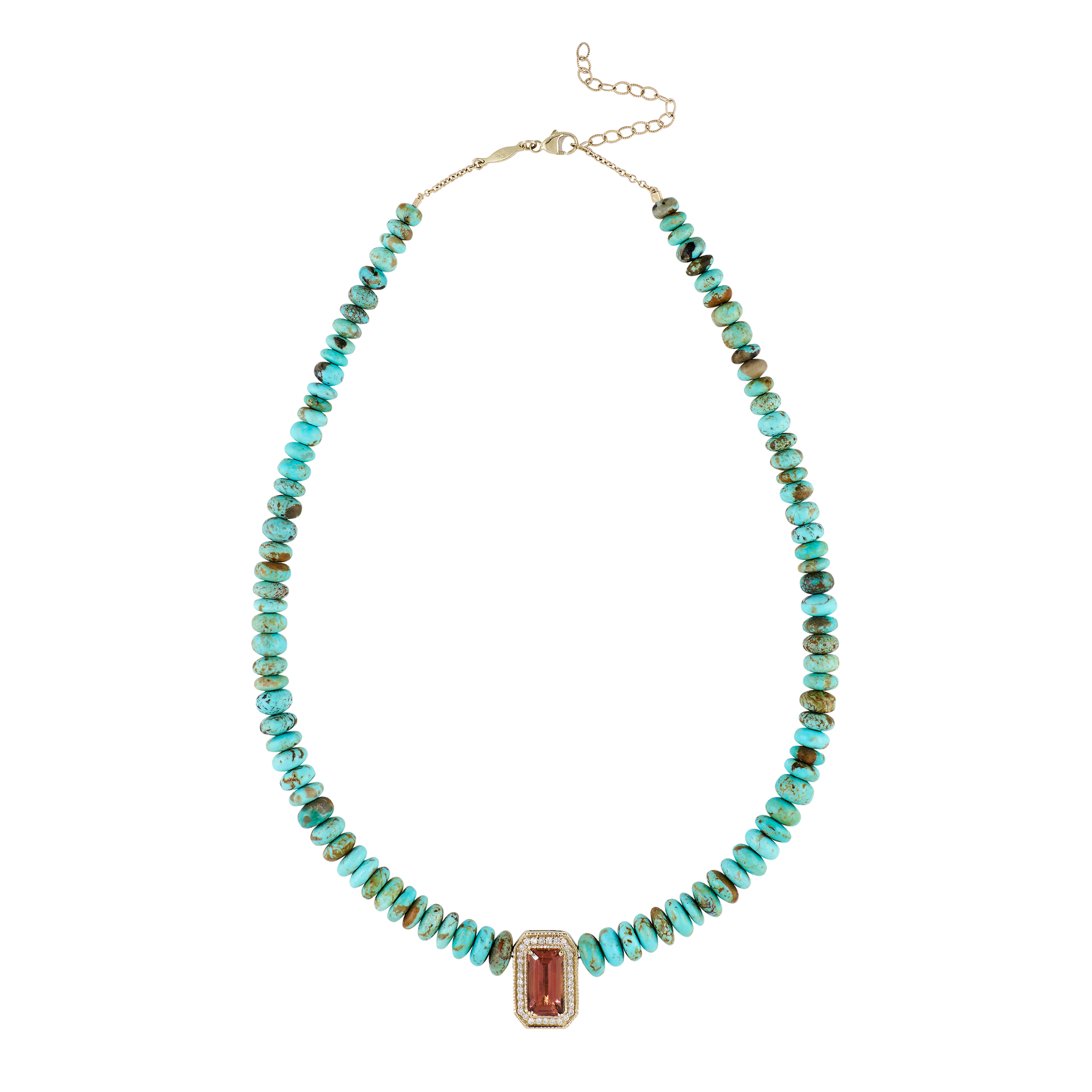 Pavé Pink Tourmaline Baguette Graduated Turquoise Beaded Necklace