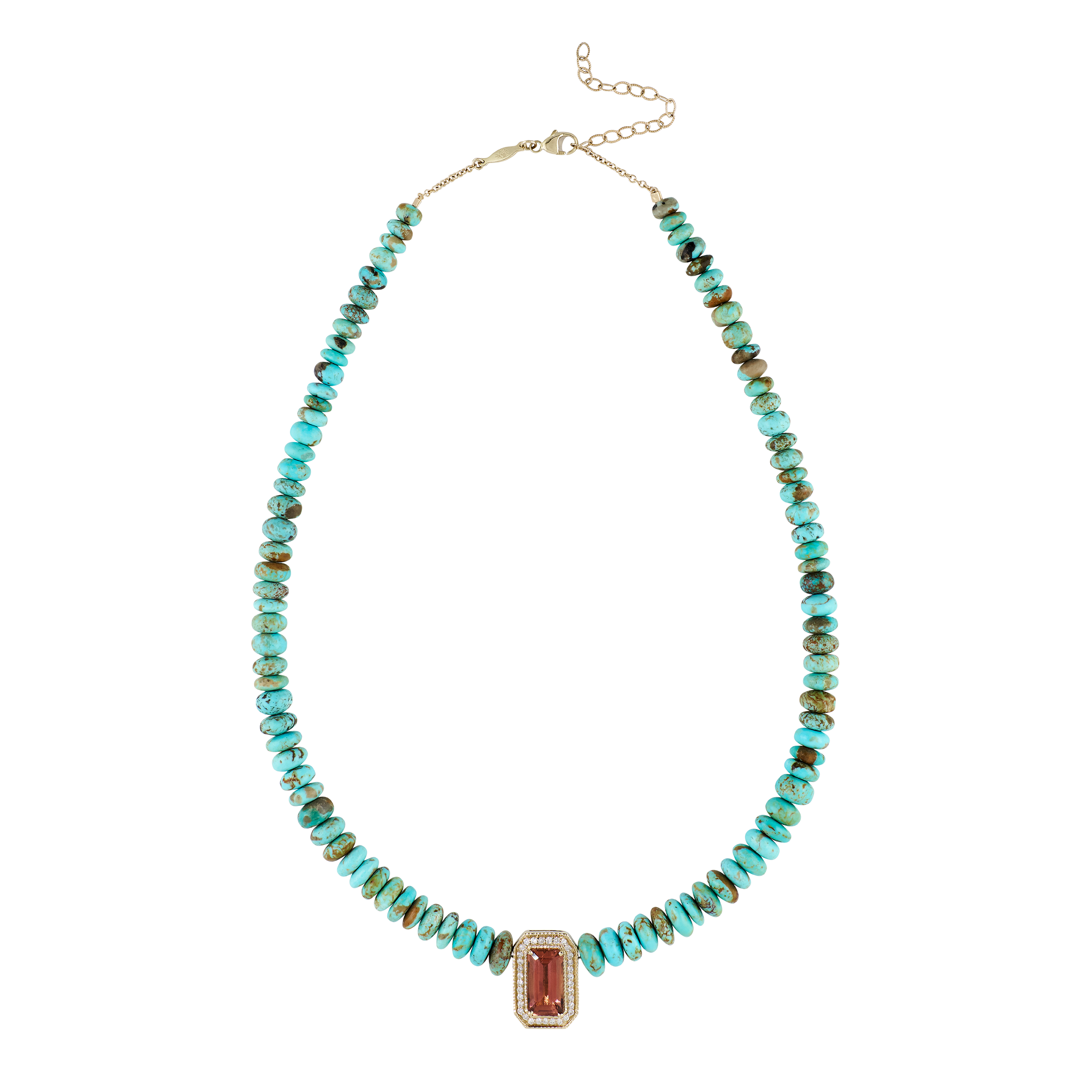 Pavé Pink Tourmaline Baguette Graduated Turquoise Beaded Necklace