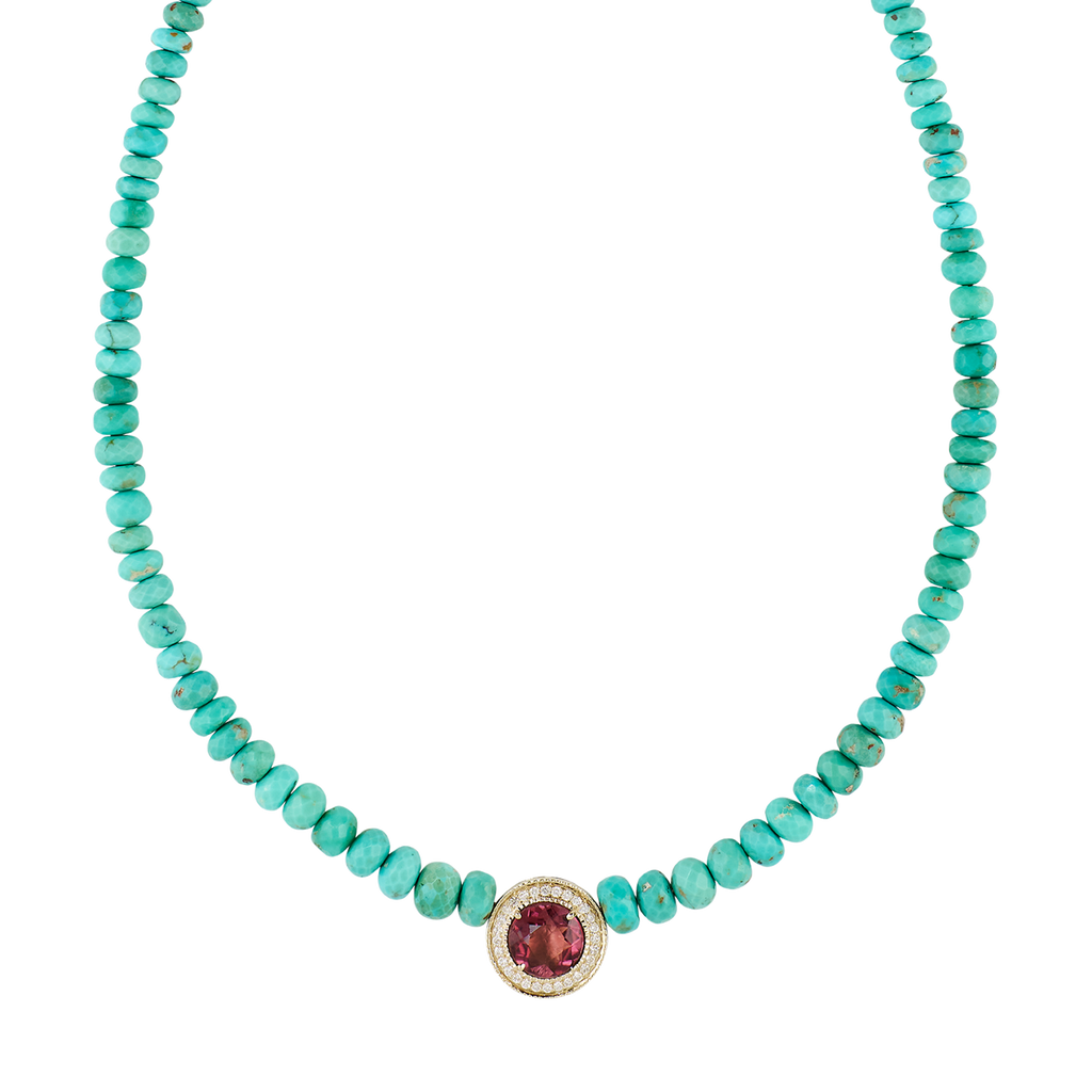 Pavé Pink Tourmaline Round Graduated Small Turquoise Beaded Necklace