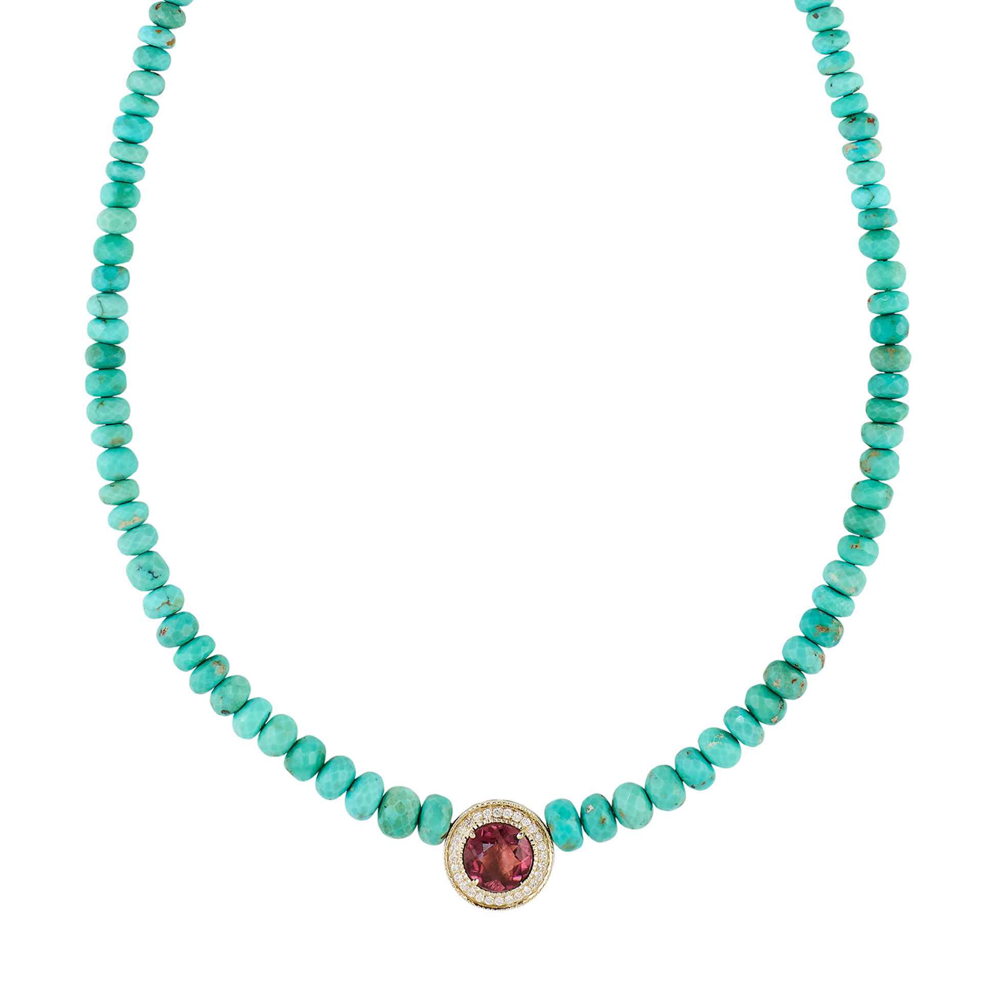 Pavé Pink Tourmaline Round Graduated Small Turquoise Beaded Necklace