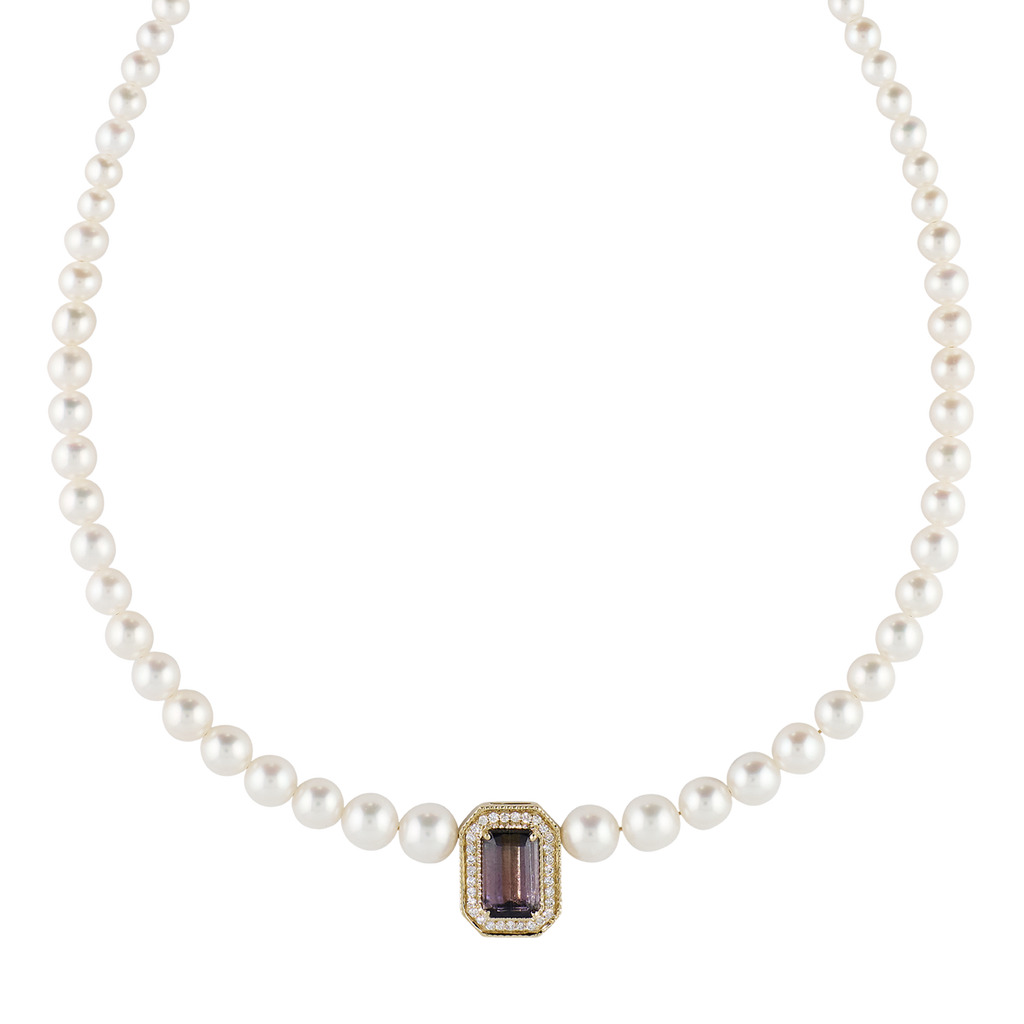Pavé Purple Tourmaline Baguette Graduated Pearl Beaded Necklace