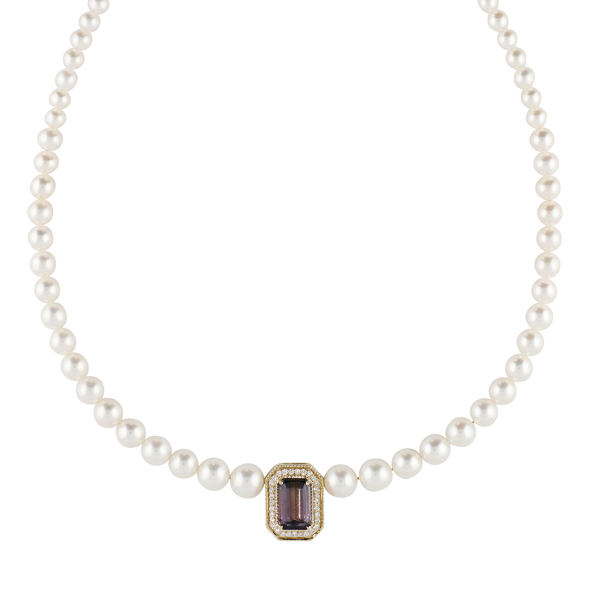 Pavé Purple Tourmaline Baguette Graduated Pearl Beaded Necklace