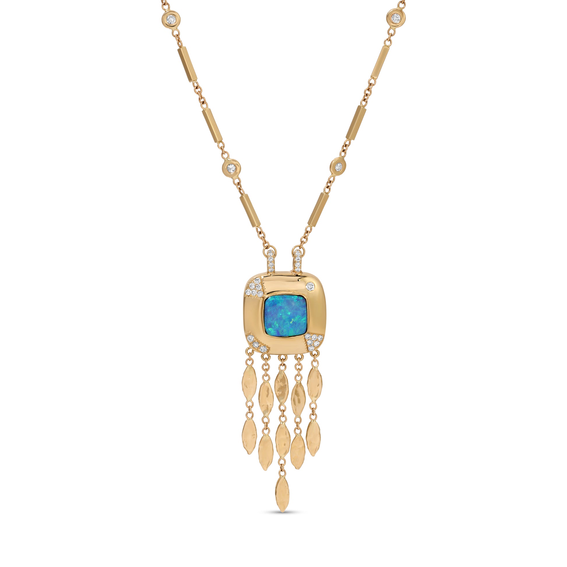 Pave Opal Square Center + Hammered Marquise Shower Smooth Bar Necklace