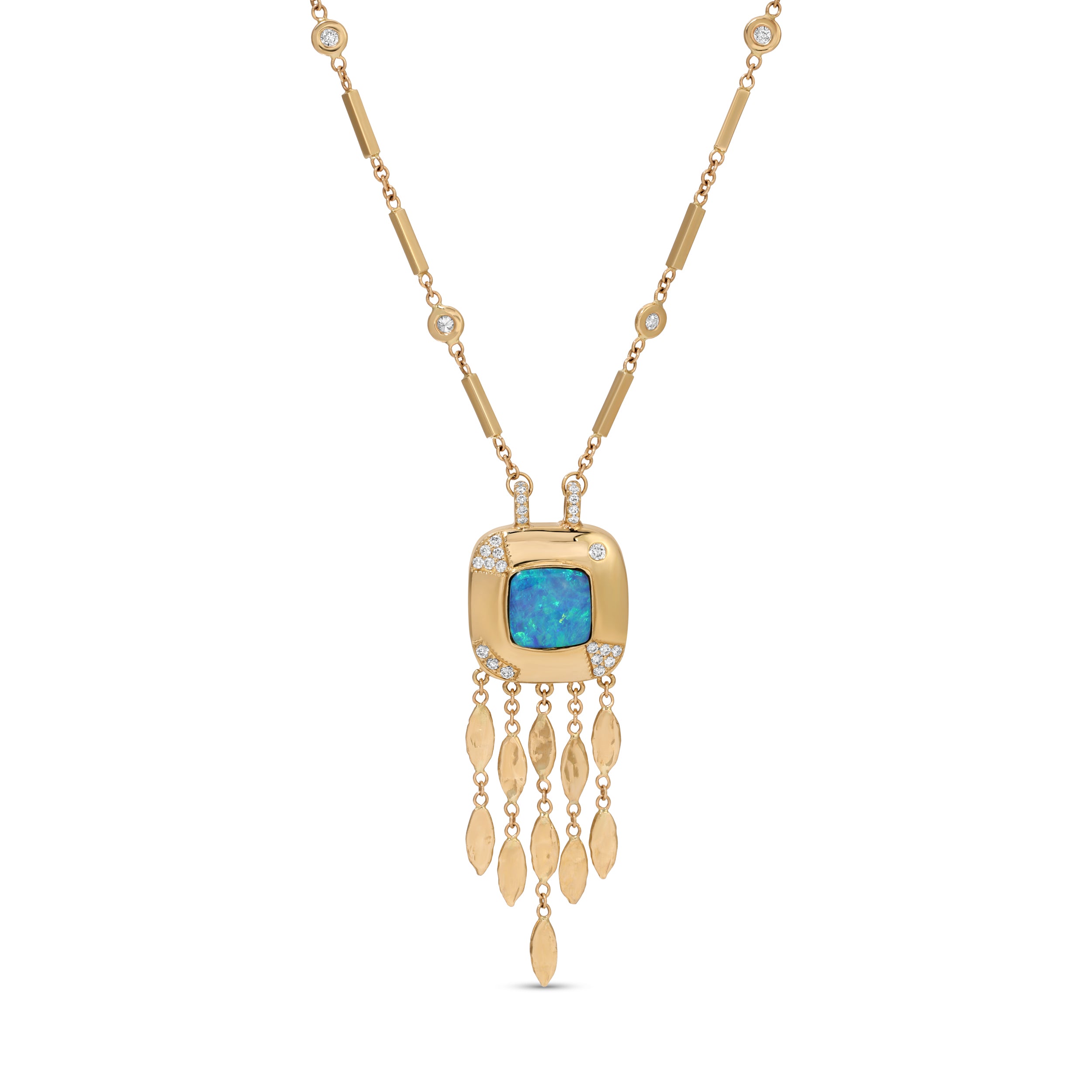 Pave Opal Square Center + Hammered Marquise Shower Smooth Bar Necklace