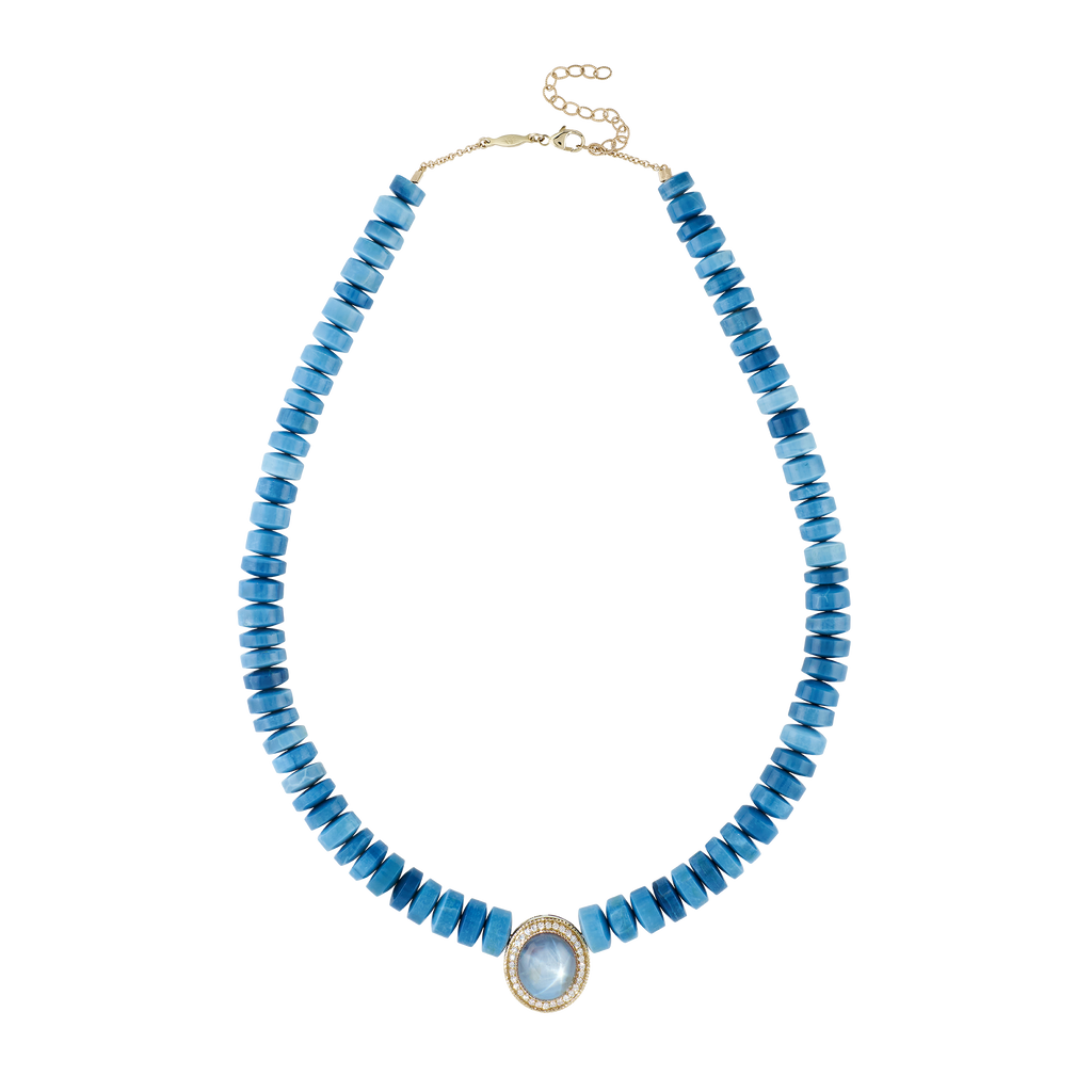 Pavé Star Sapphire Oval Center Graduated Blue Opal Beaded Necklace