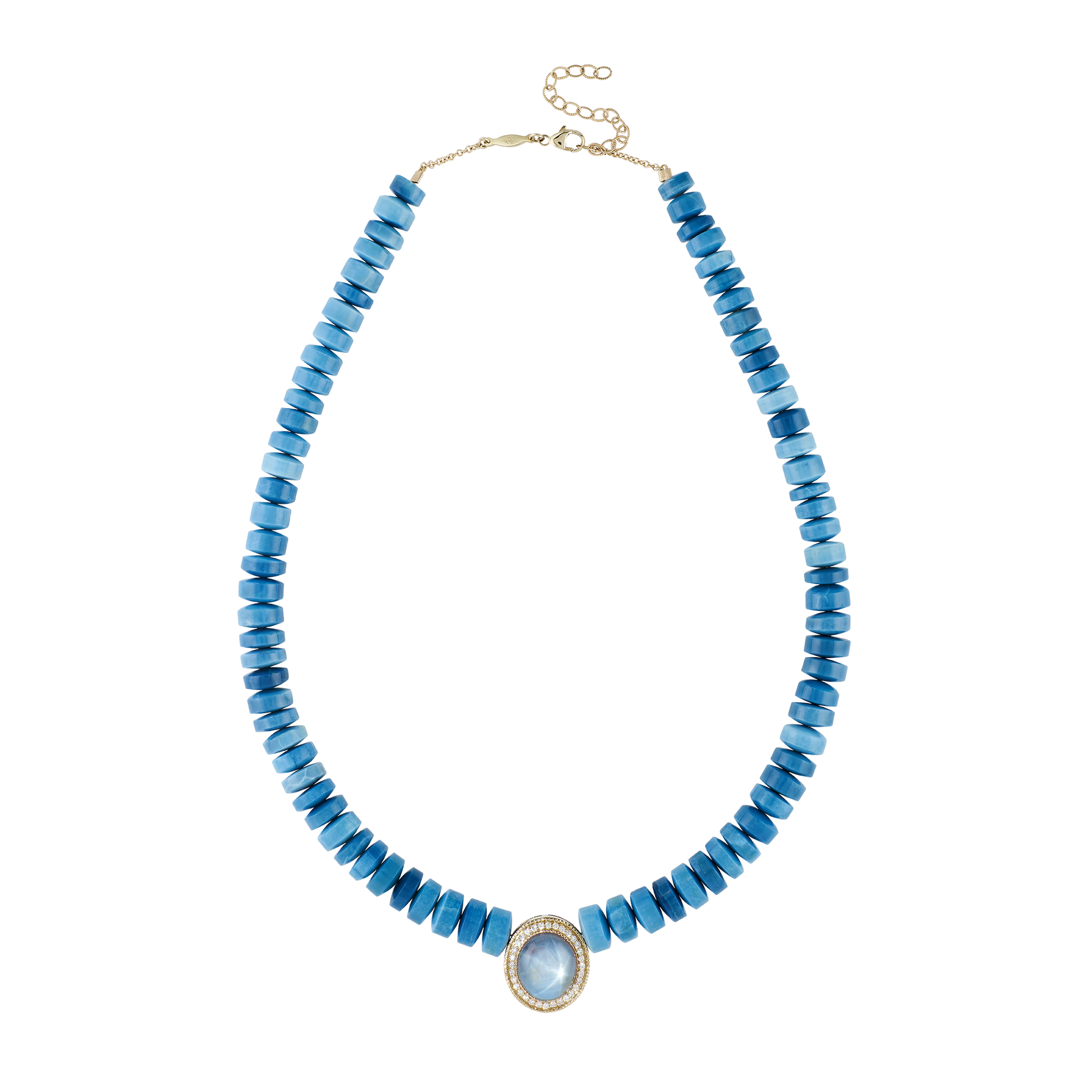 Pavé Star Sapphire Oval Center Graduated Blue Opal Beaded Necklace