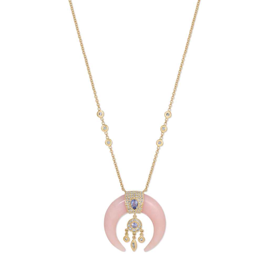 Pink Opal Double Horn Dreamcatcher Necklace with Pavé Tanzanite Teardrop Cap