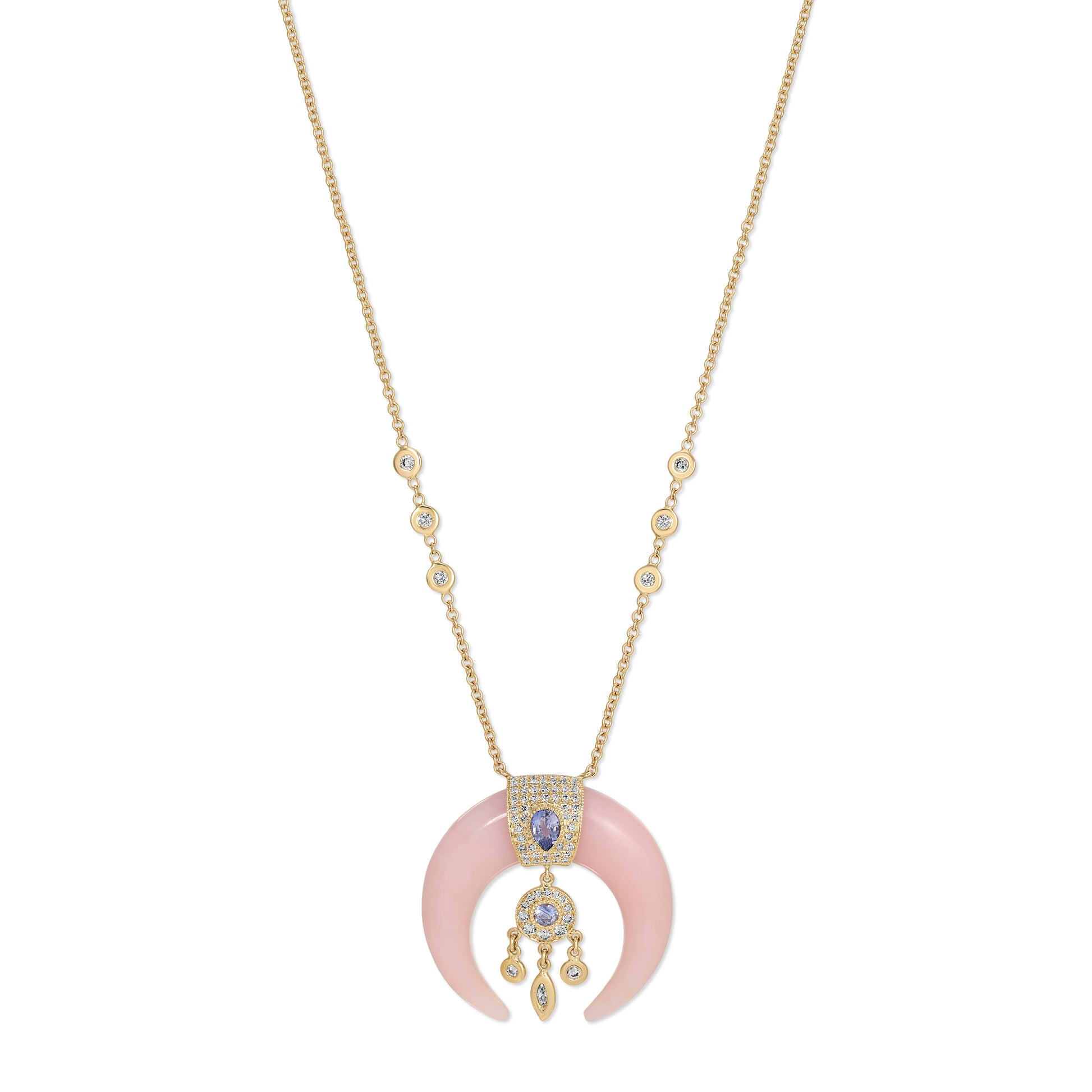 Pavé Tanzanite Teardrop Cap Pink Opal Double Horn Dreamcatcher + 2 Bezel Shaker Pavé Bail on 6 Diamond Chain