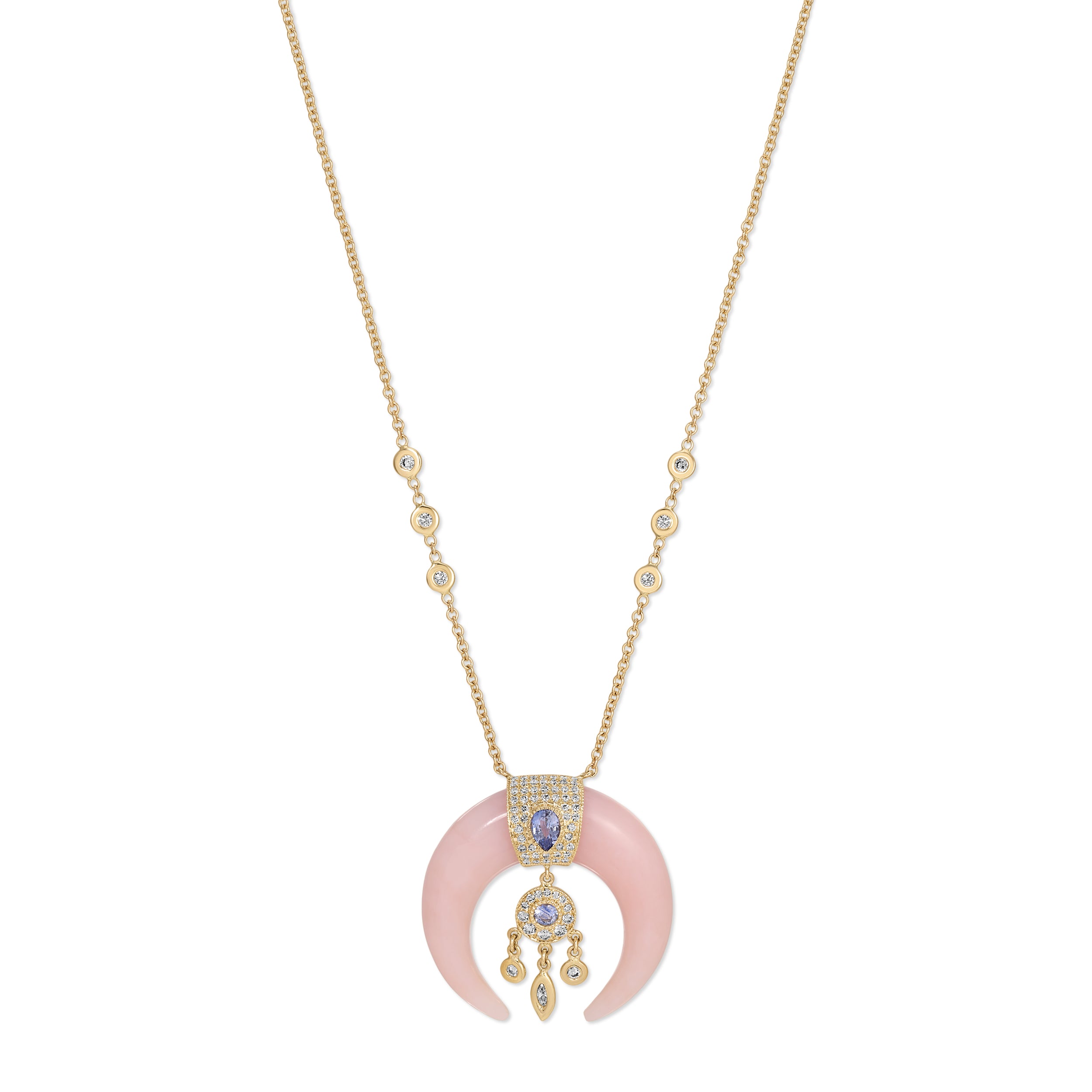 Pink Opal Double Horn Dreamcatcher Necklace with Pavé Tanzanite Teardrop Cap