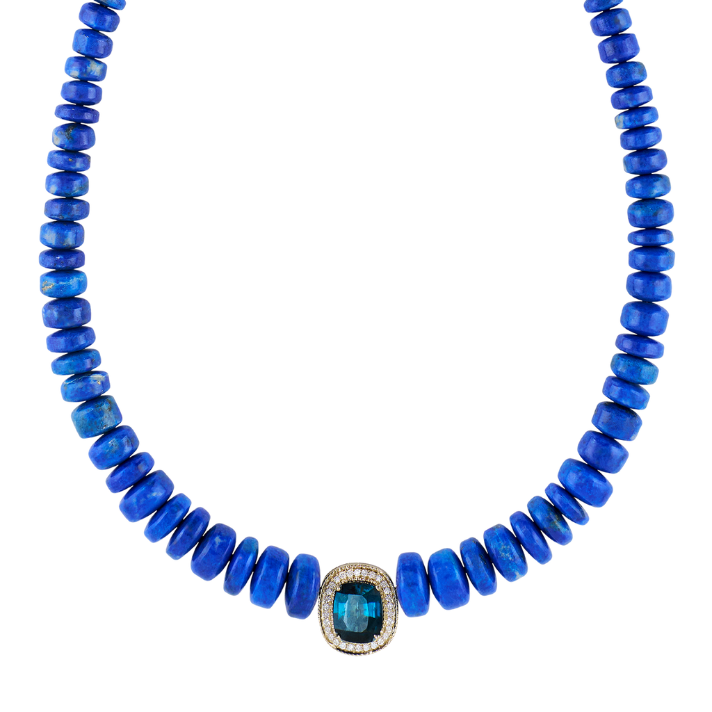 Pavé Teal Tourmaline Oval Graduated Lapis Beaded Necklace
