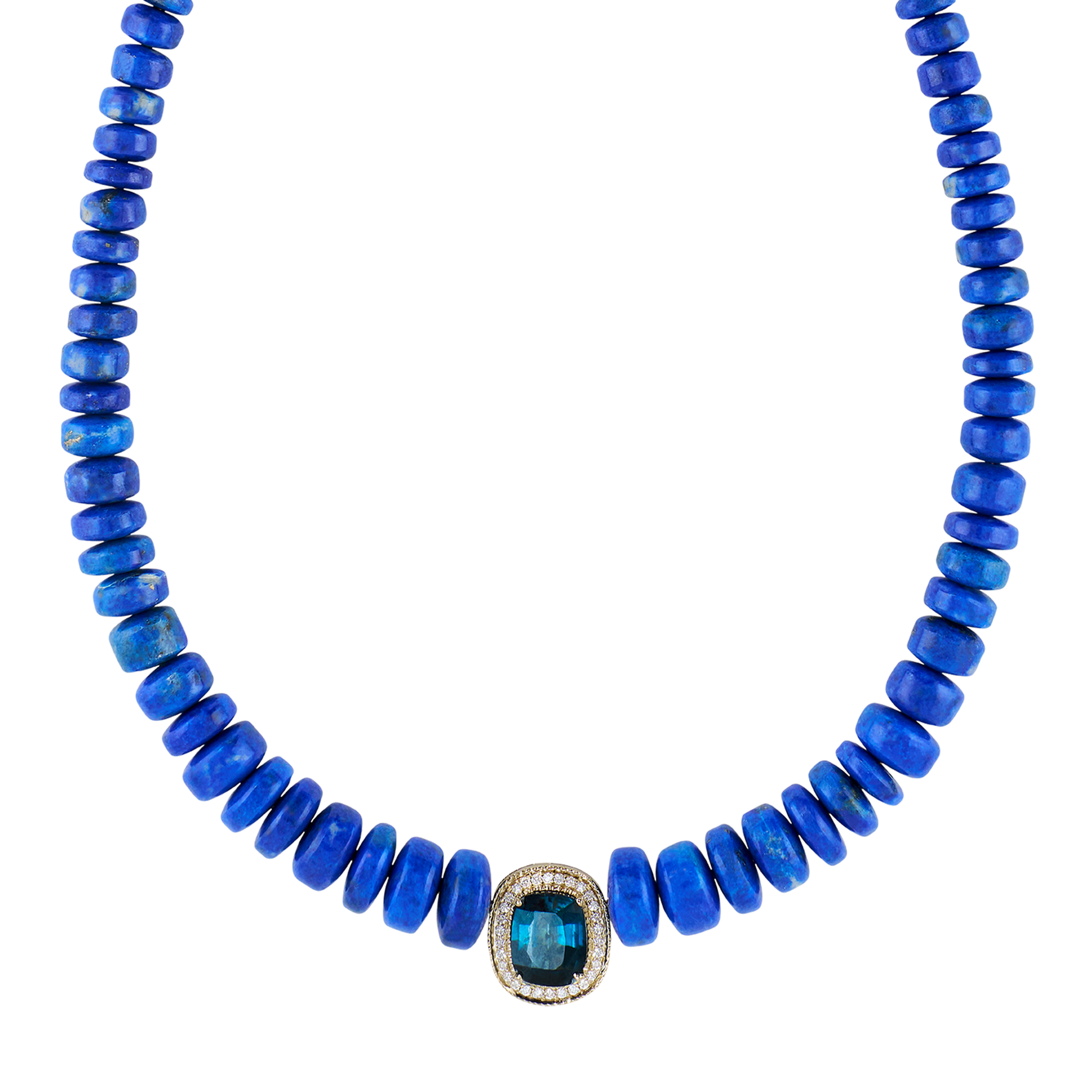 Pavé Teal Tourmaline Oval Graduated Lapis Beaded Necklace