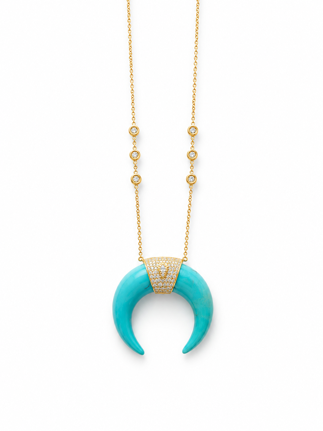 Yellow Gold Pavé Teardrop Center Turquoise Double Horn 6 Diamond Necklace