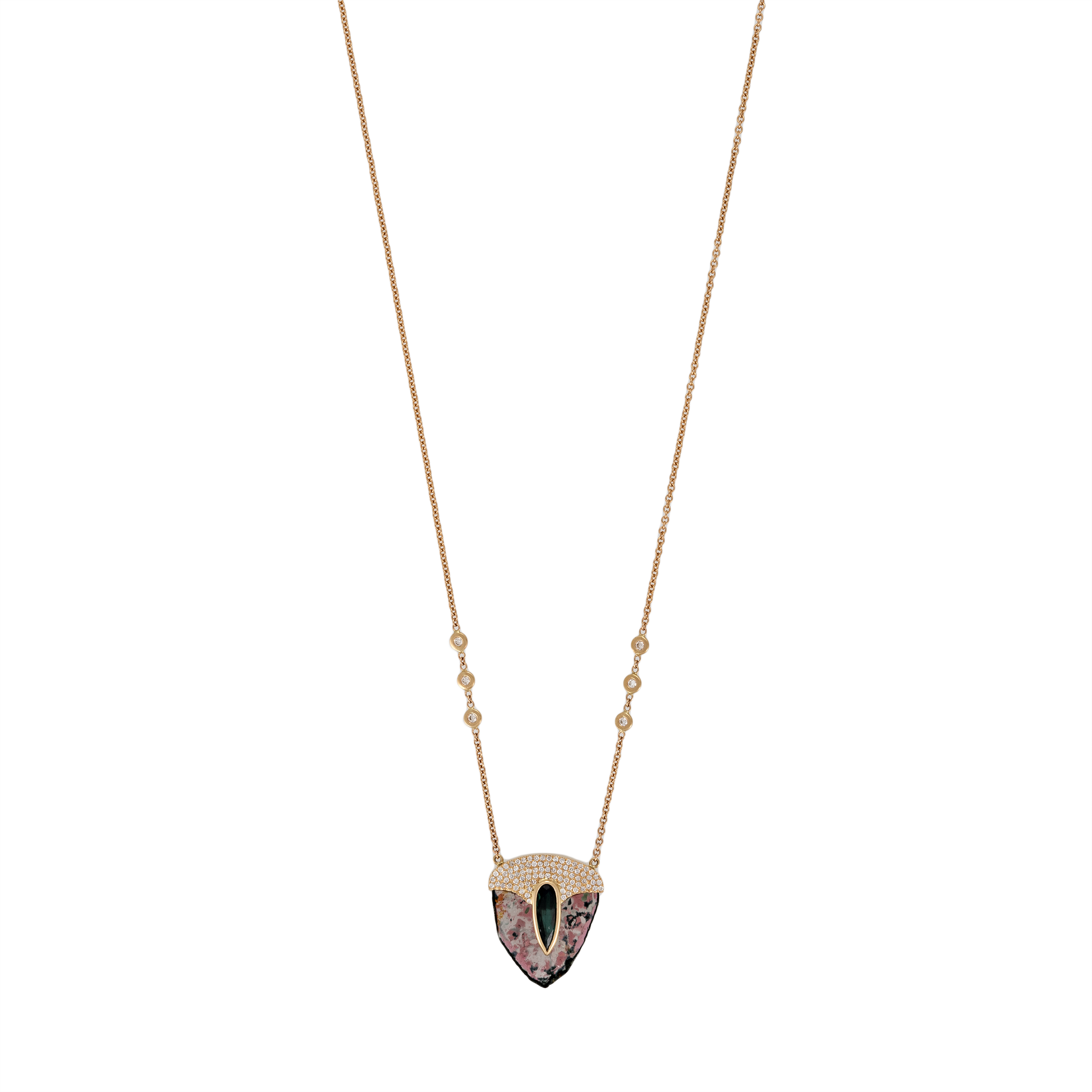 Pavé Teardrop Dark Green Tourmaline Cap + Watermelon Tourmaline Slice Pick Necklace