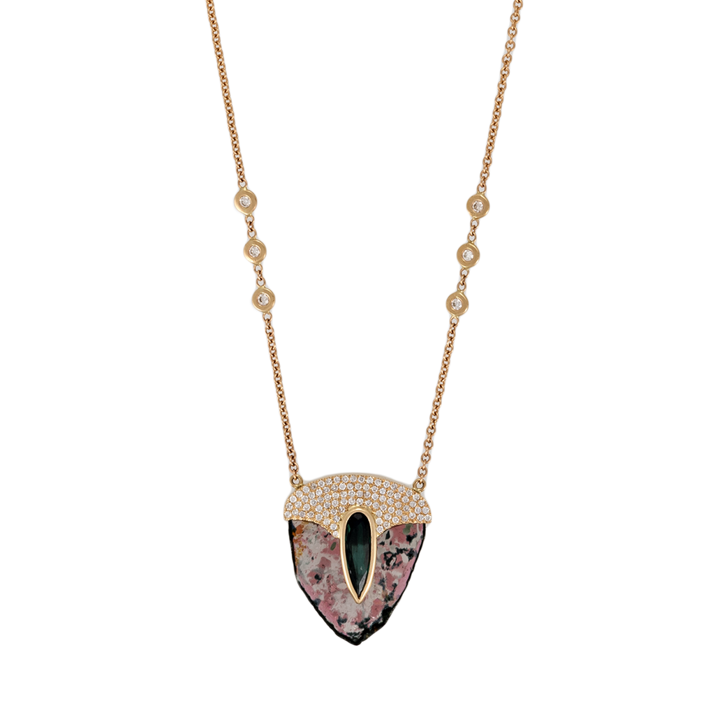 Pavé Teardrop Dark Green Tourmaline Cap + Watermelon Tourmaline Slice Pick Necklace