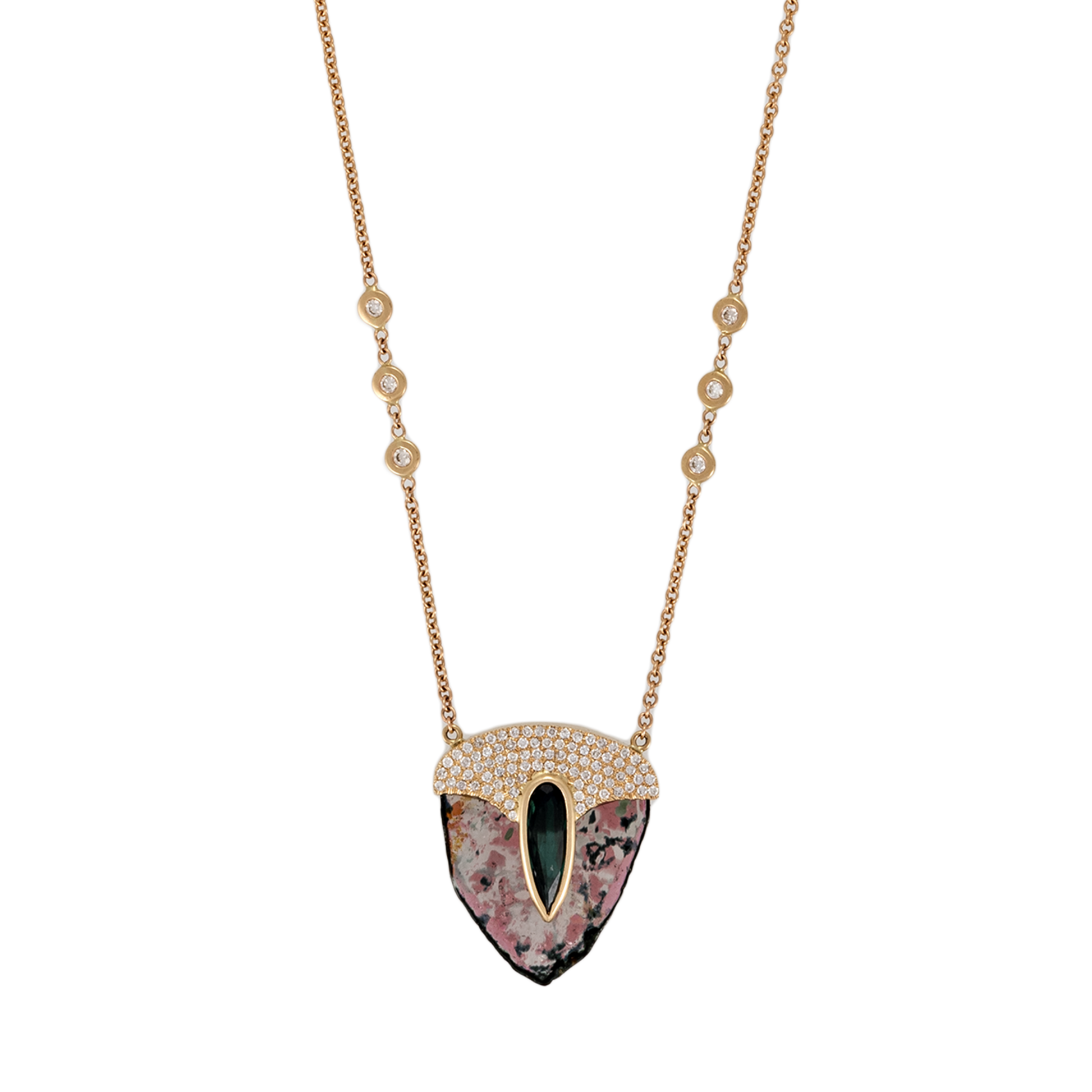 Pavé Teardrop Dark Green Tourmaline Cap + Watermelon Tourmaline Slice Pick Necklace
