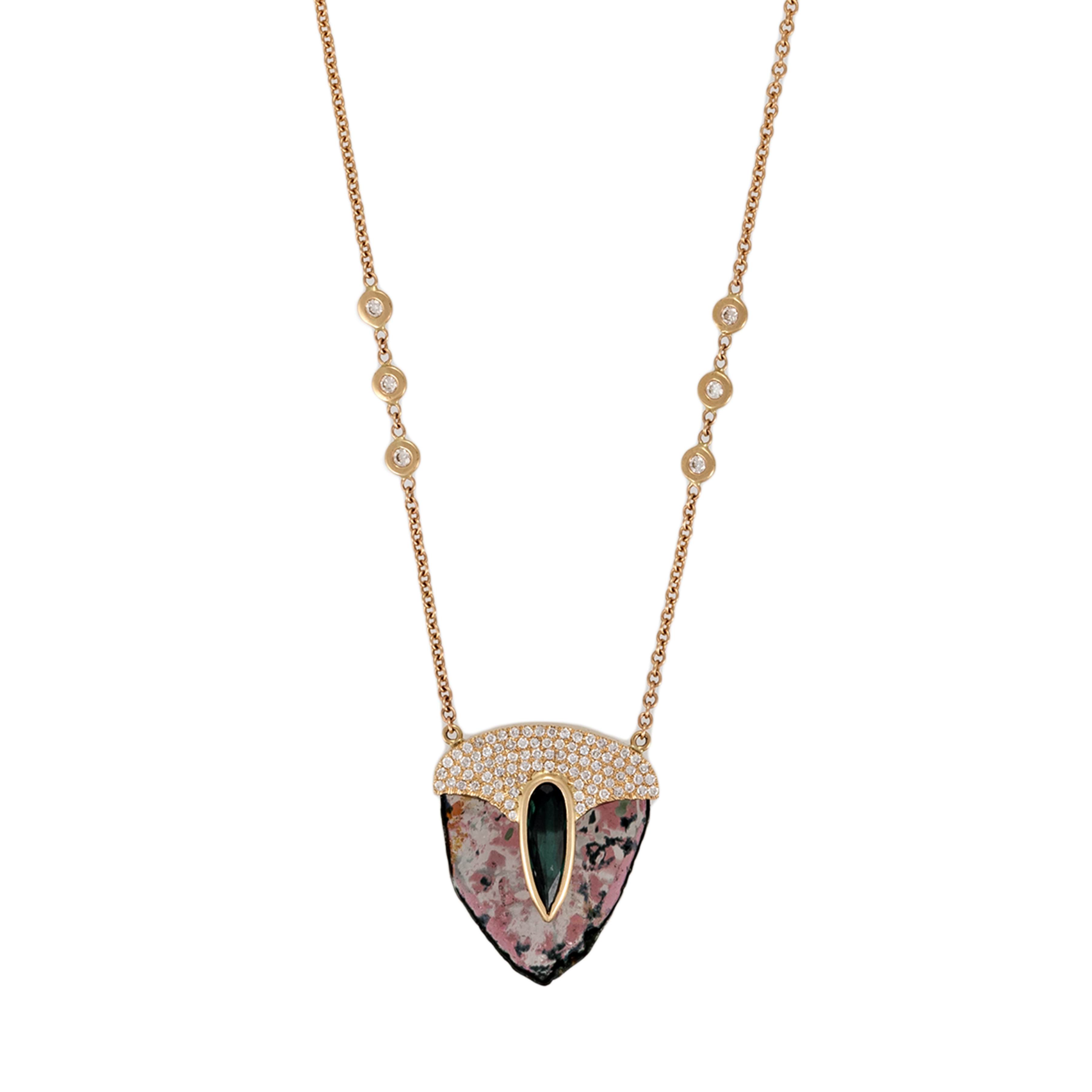 Pavé Teardrop Dark Green Tourmaline Cap + Watermelon Tourmaline Slice Pick Necklace