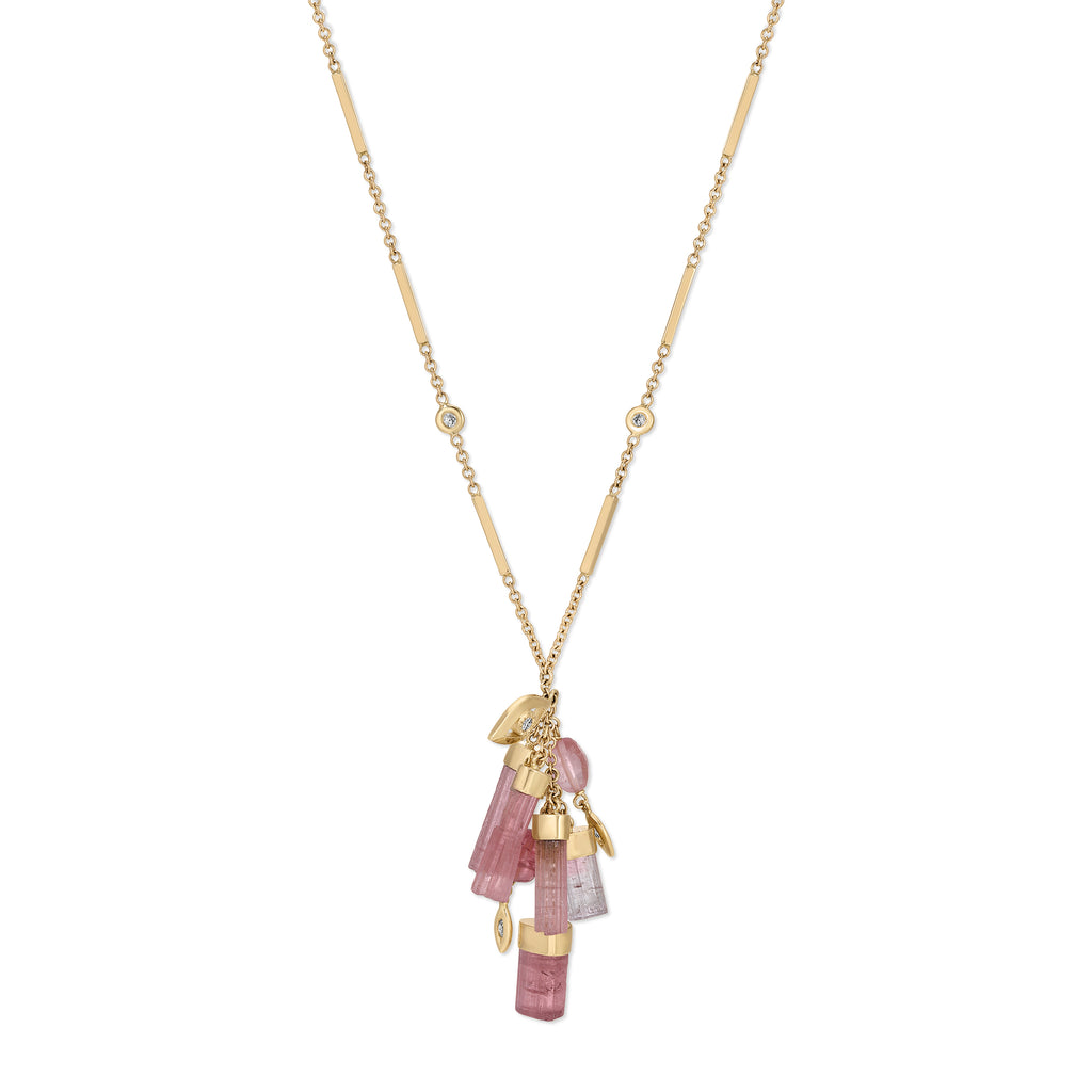 Pink Tourmaline Bar Drip + Eye 4 Diamond Bar Chain Necklace