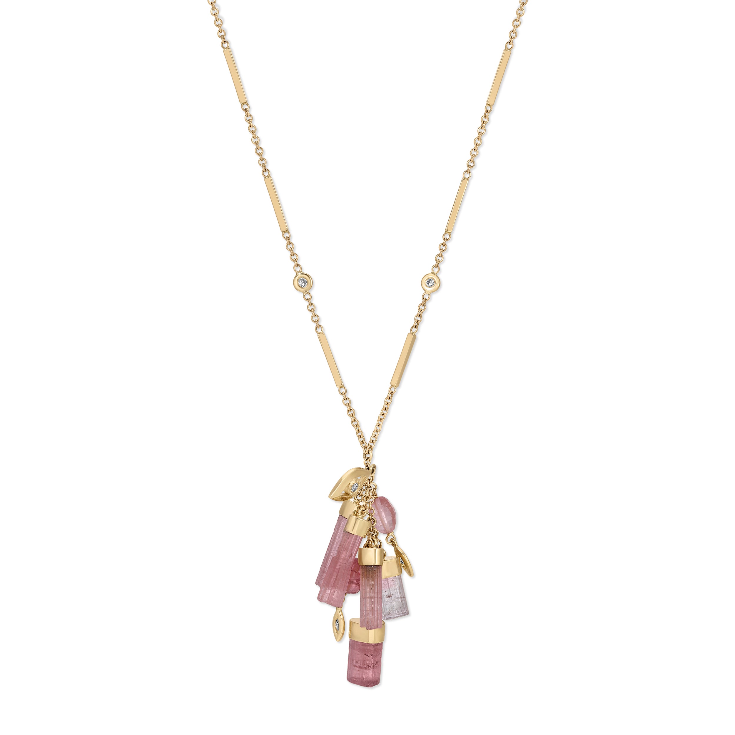 Pink Tourmaline Bar Drip + Eye 4 Diamond Bar Chain Necklace