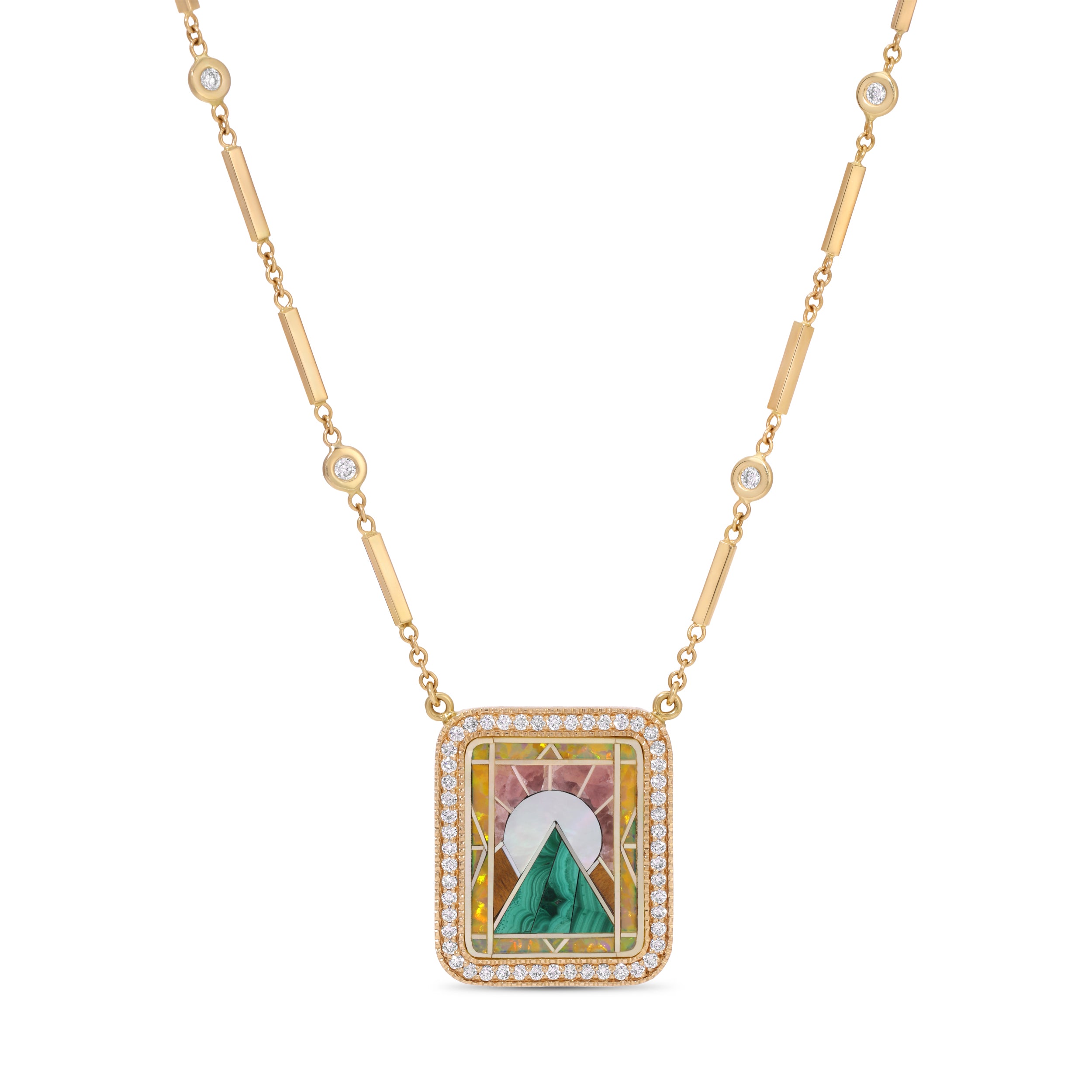 Pave Rectangle Pyramid Scenic Gemstone Inlay Necklace