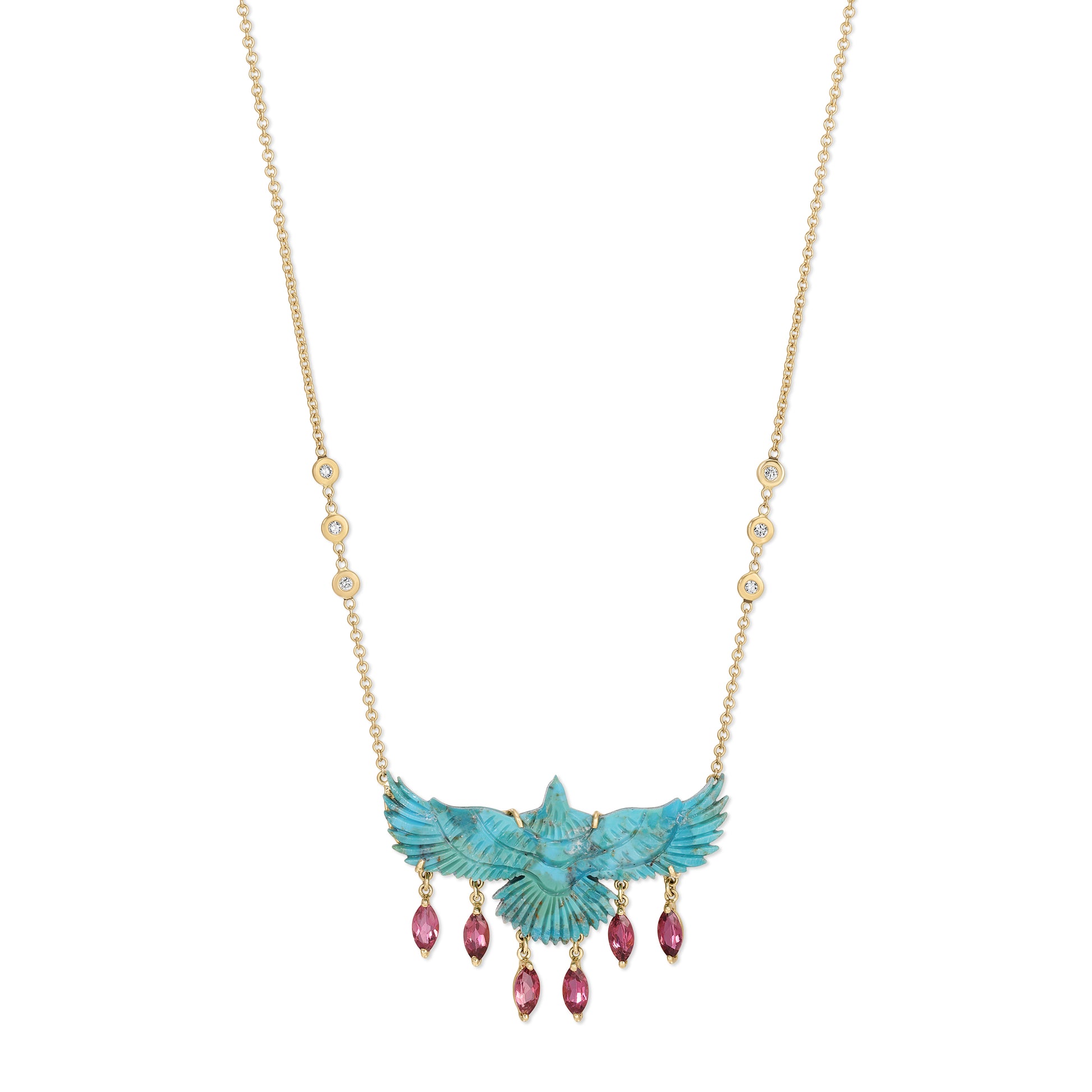 Turquoise Thunderbird Necklace with Pink Tourmaline Marquise Shakers