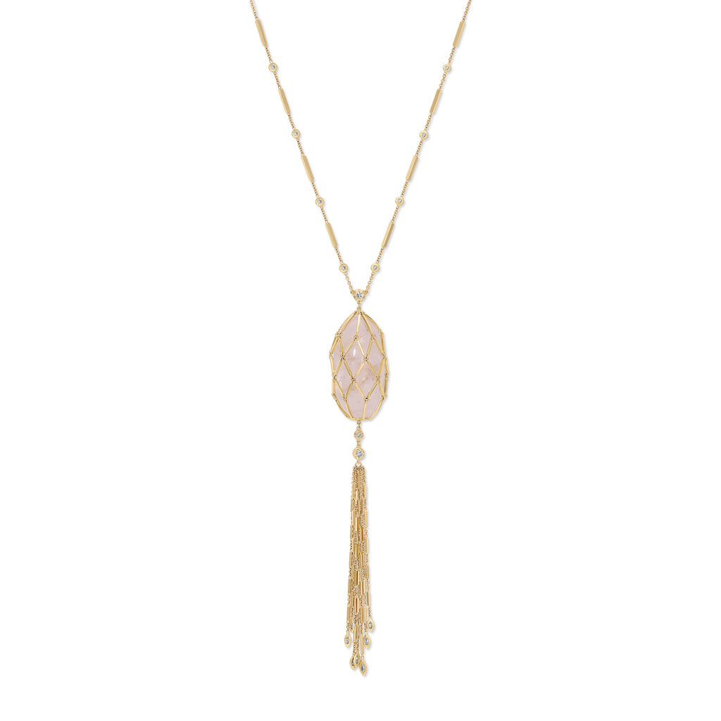 Caged Clear Quartz Smooth Bar Tassel Necklace
