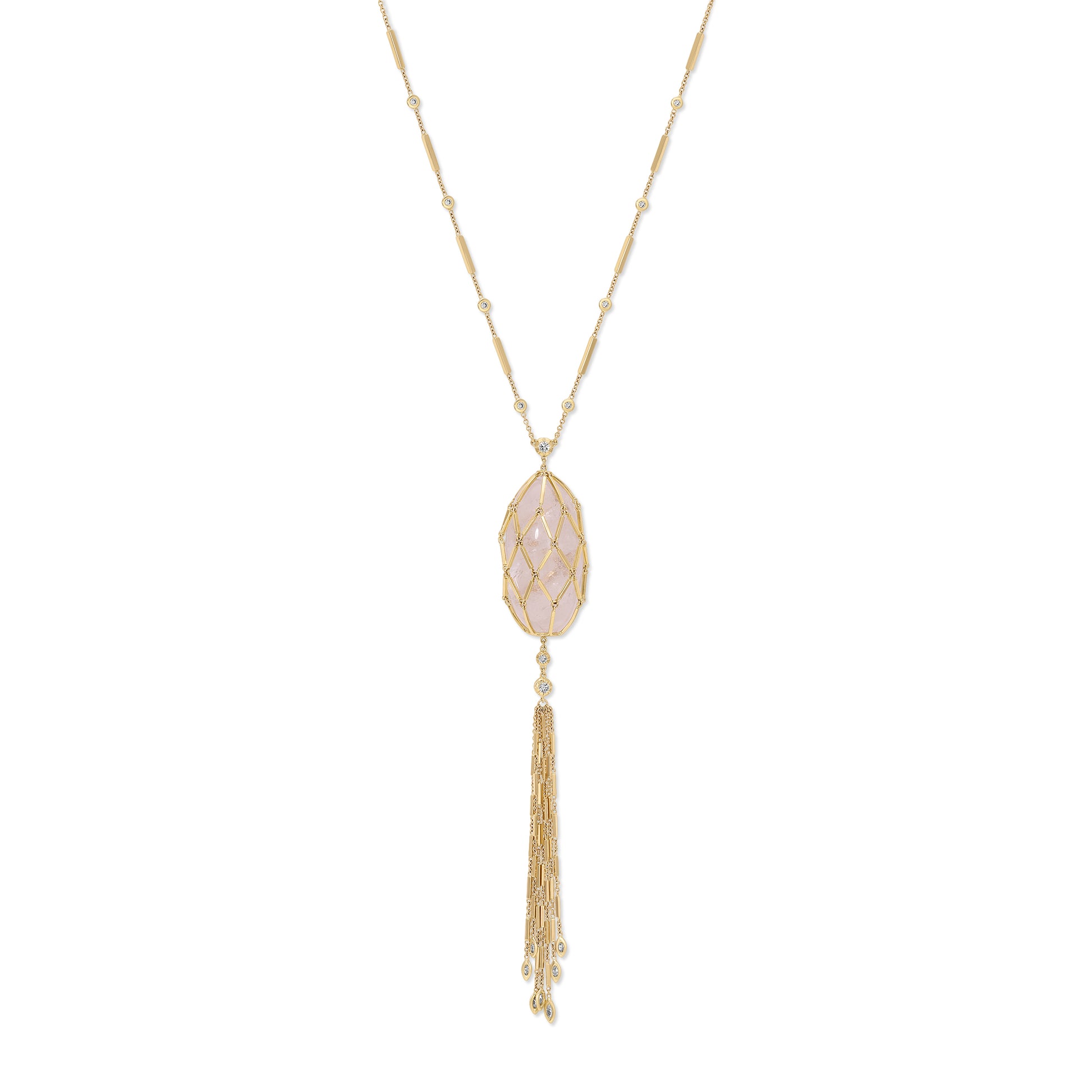 XL Clear Quartz Crystal Net + 2 Graduated Sophia Diamond Bar Chain Necklace