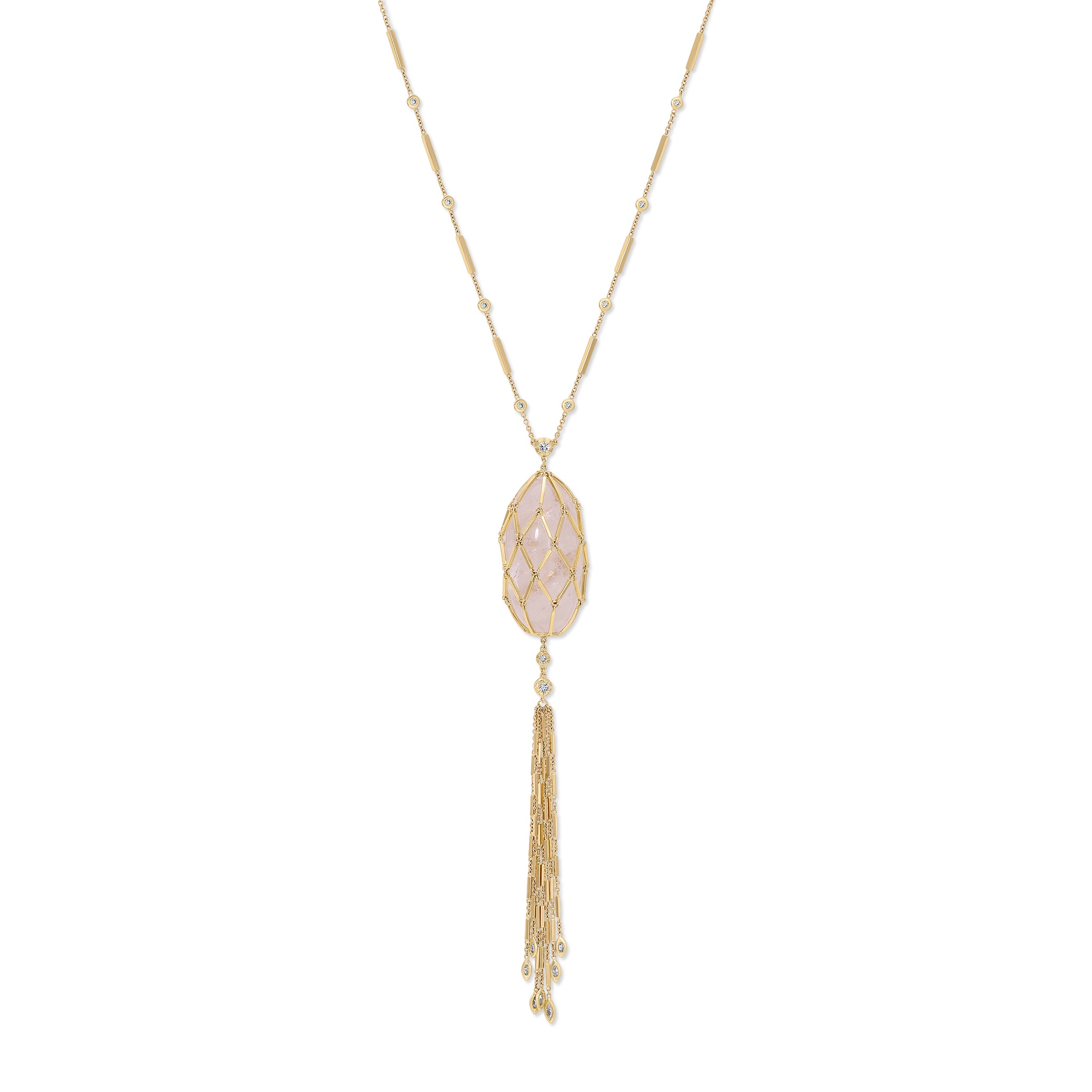 Caged Clear Quartz Smooth Bar Tassel Necklace