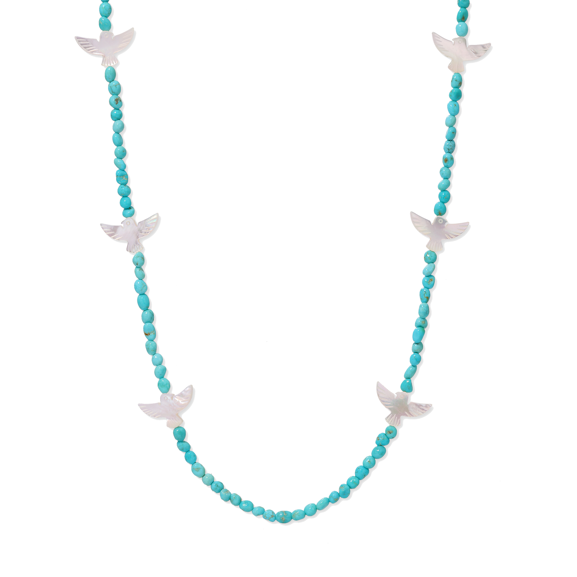 Mother of Pearl Thunderbird Gold and Turquoise Beaded Necklace