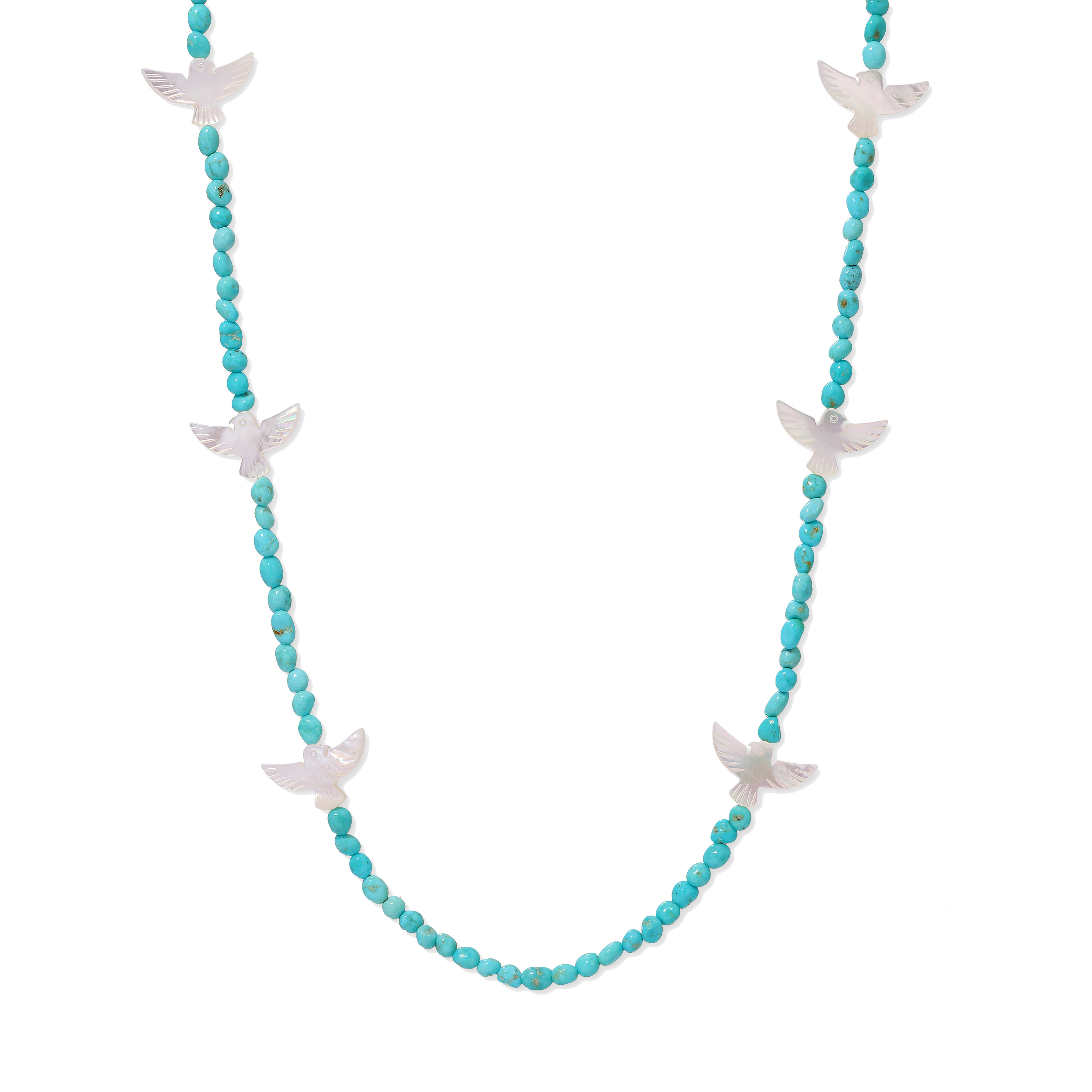 Mother of Pearl Thunderbird Gold and Turquoise Beaded Necklace