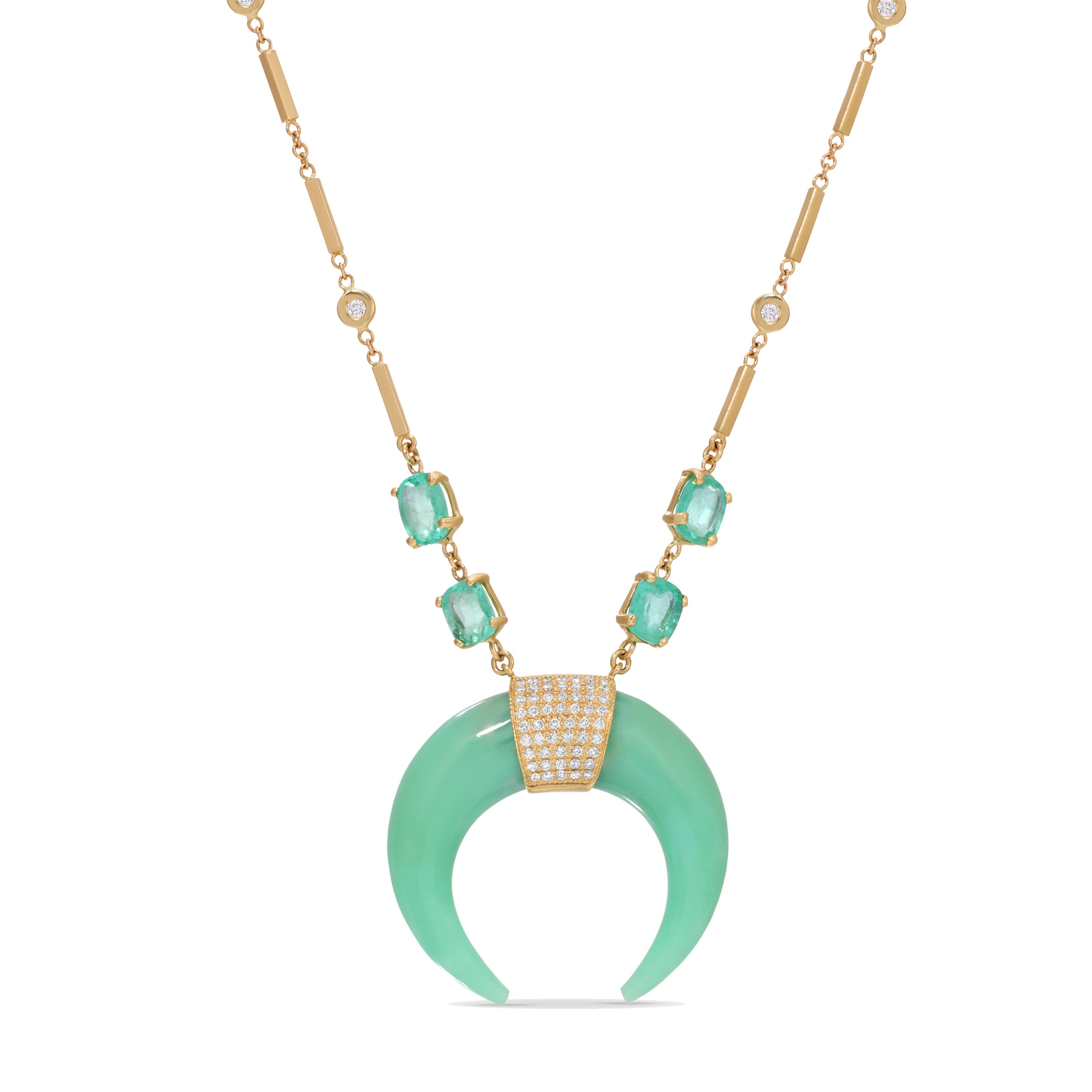 Chrysoprase Double Horn Necklace with Emeralds and Pavé Diamonds