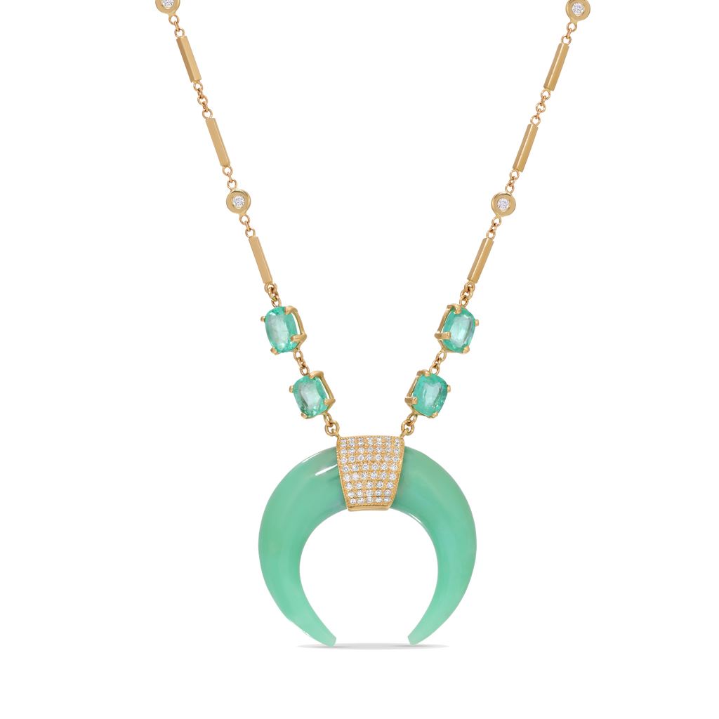 Chrysoprase Double Horn Necklace with Emeralds and Pavé Diamonds