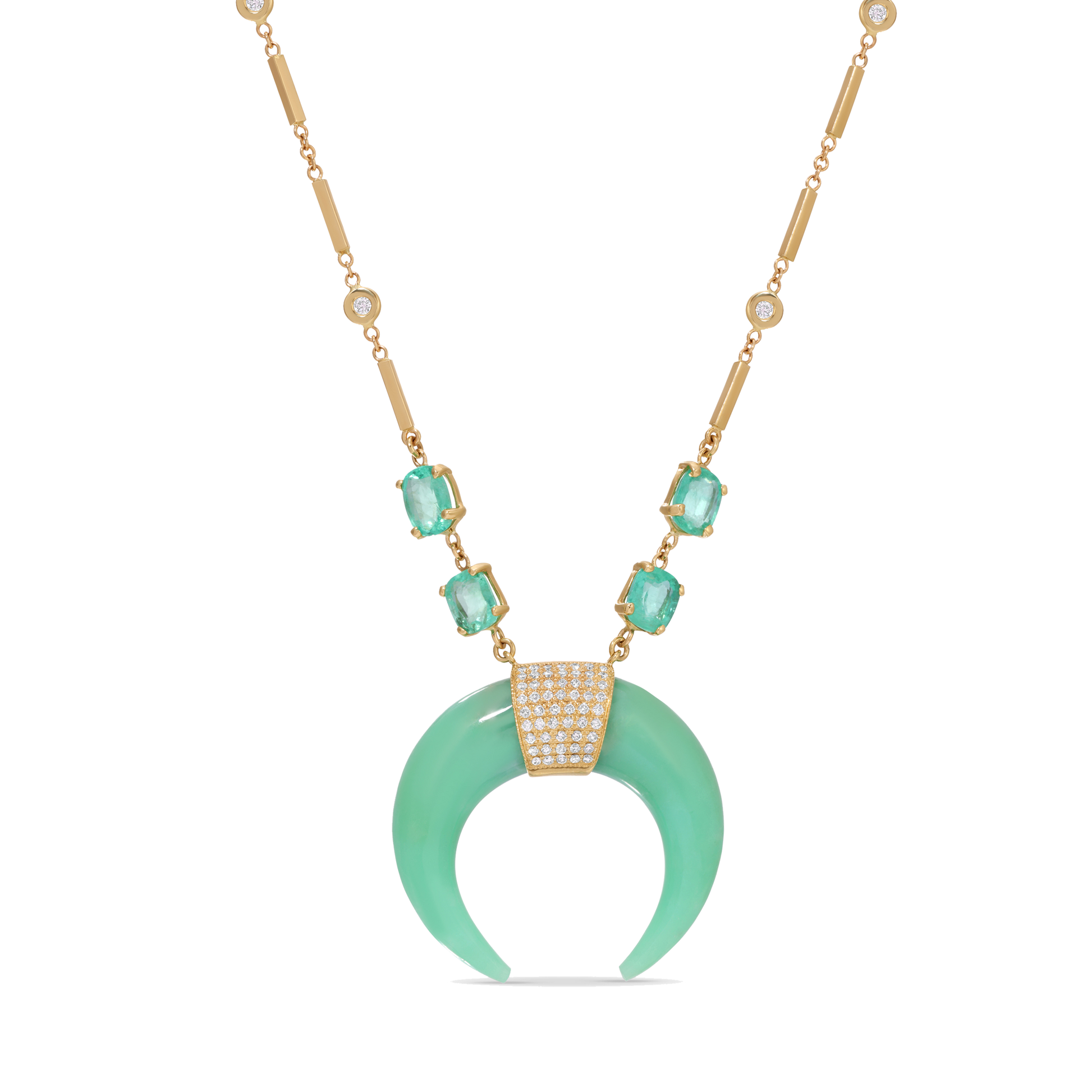 4 Rectangle Emerald Pavé Small Chrysoprase Double Bone Horn Necklace