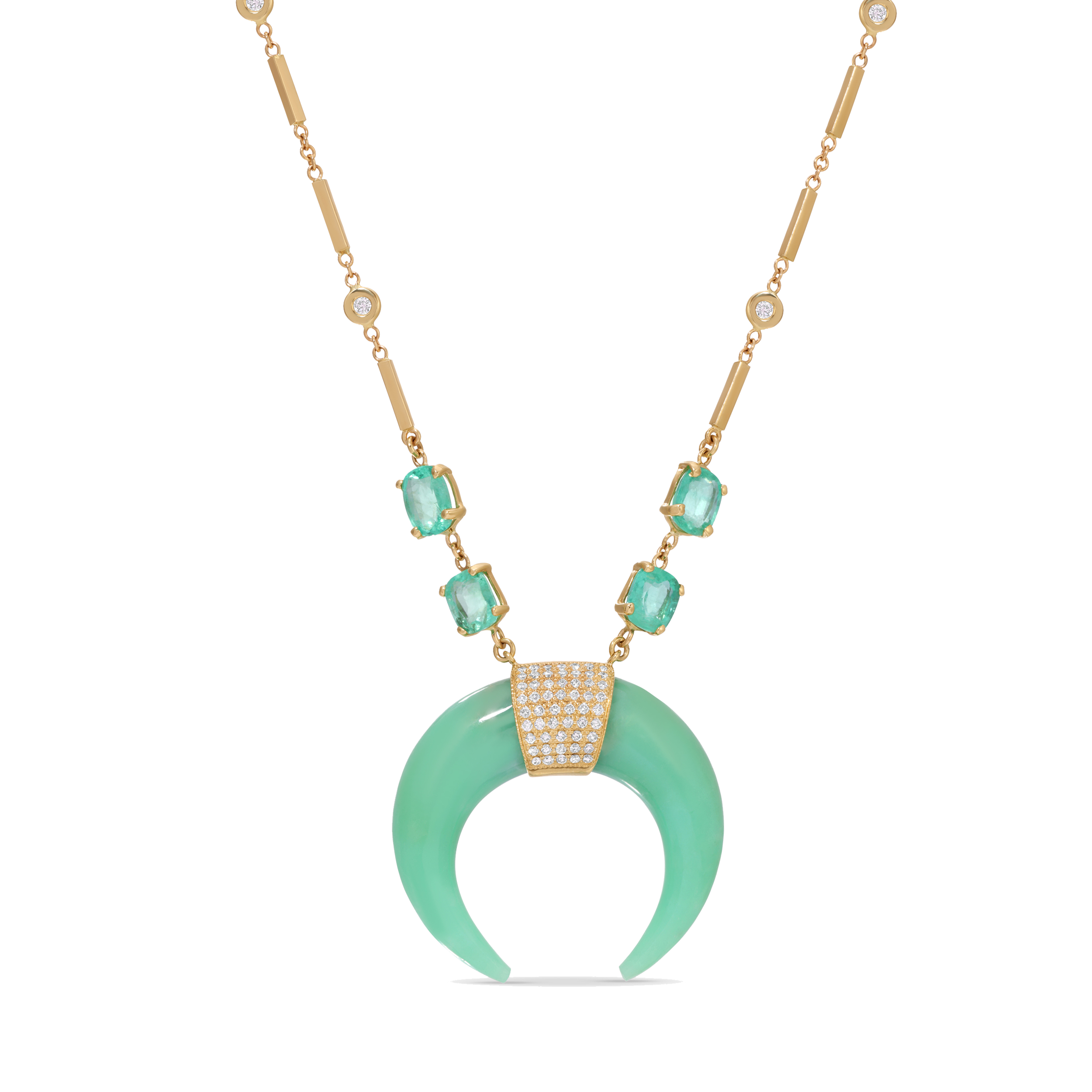 Chrysoprase Double Horn Necklace with Emeralds and Pavé Diamonds