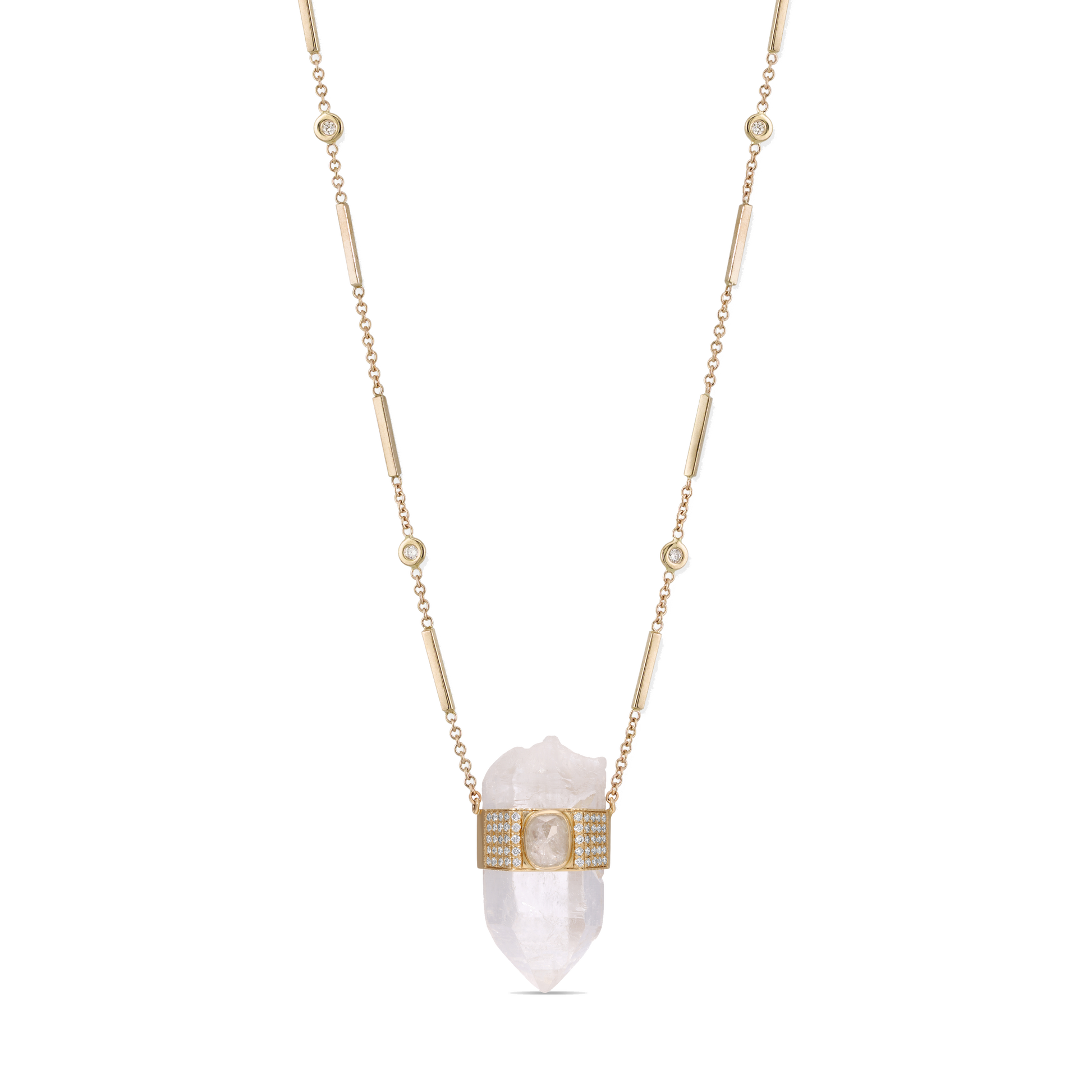 Pave Raw Diamond Oval Cap + Clear Quartz Crystal Necklace