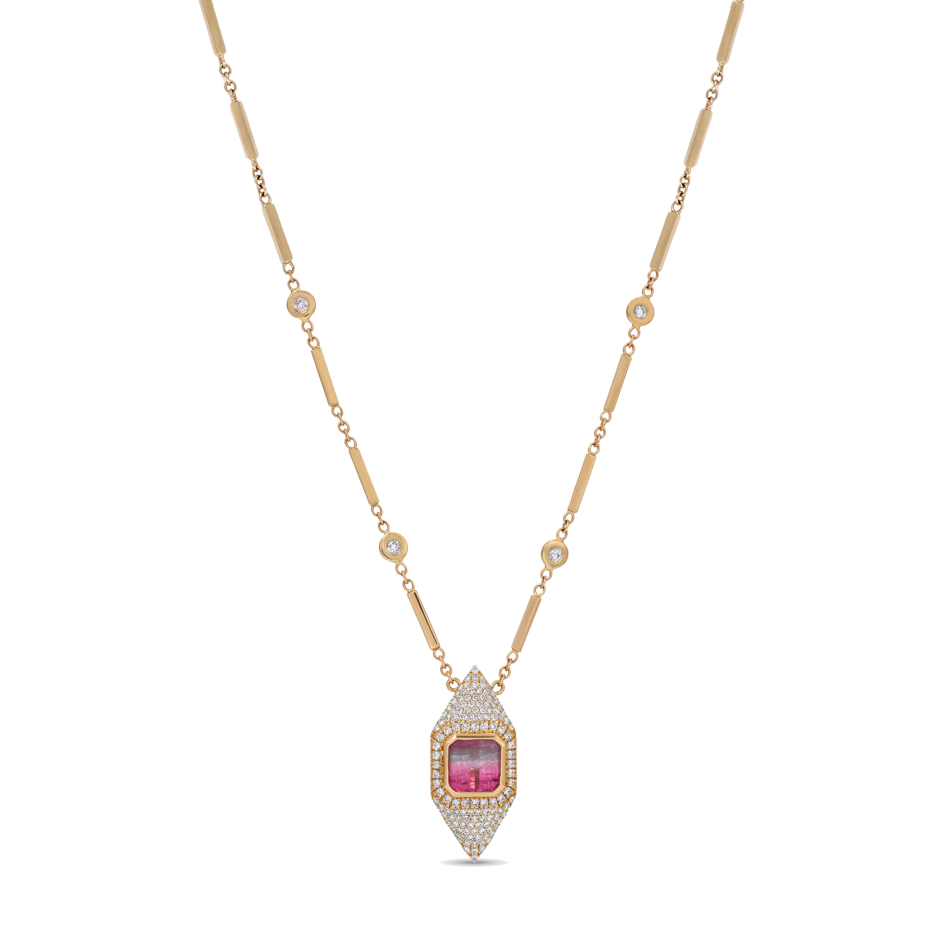 Elongated Pave Marquise Square Watermelon Tourmaline Necklace