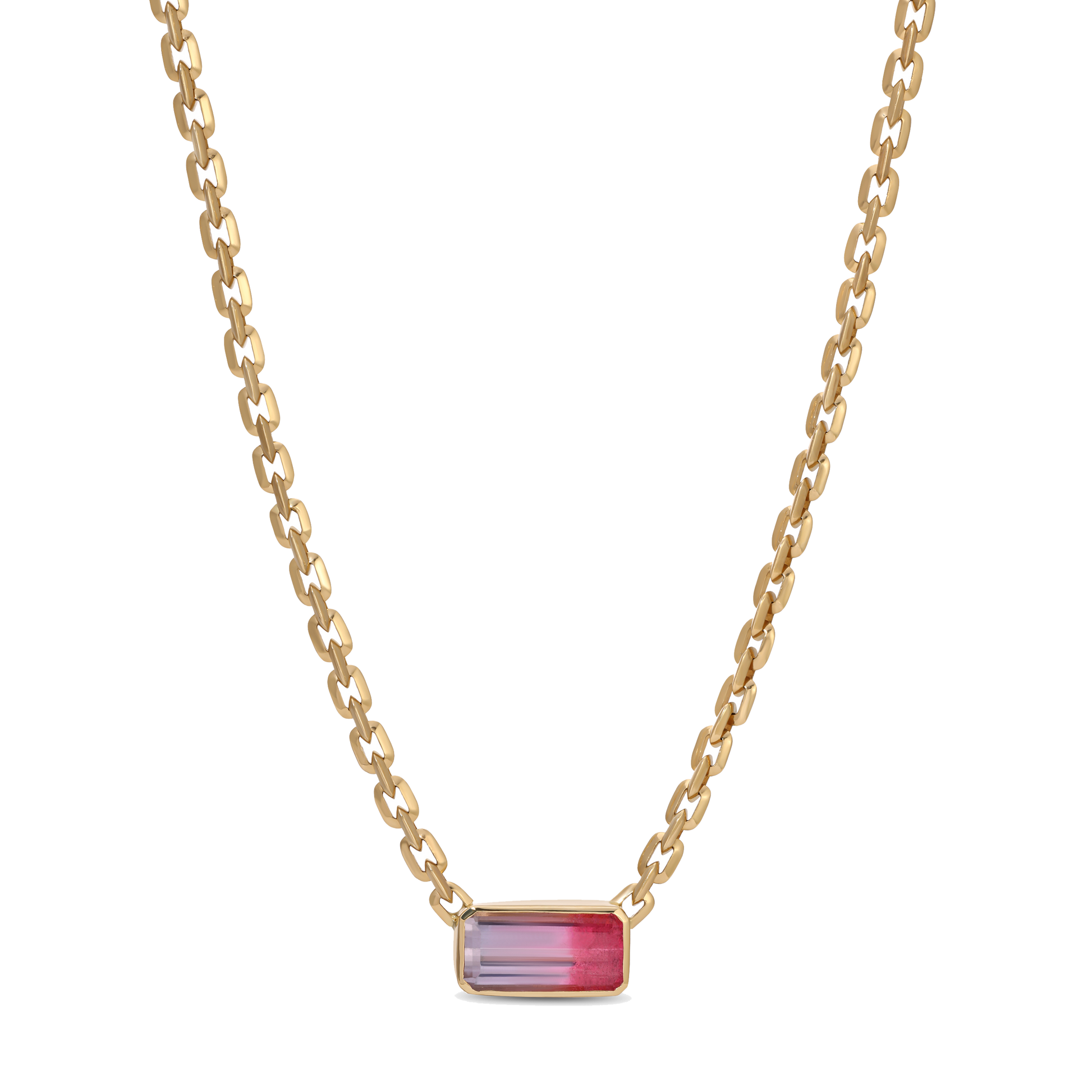 Large Rectangle Pink Purple Watermelon Tourmaline Moe Chain Necklace