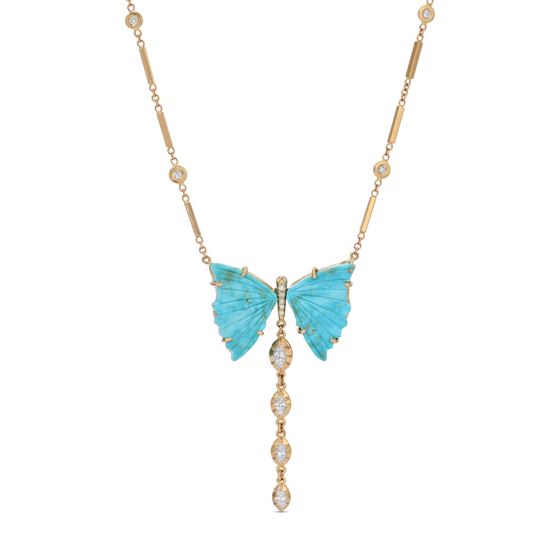 Turquoise Pave Center Butterfly + 4 Marquise Sophia Diamond Drop Necklace